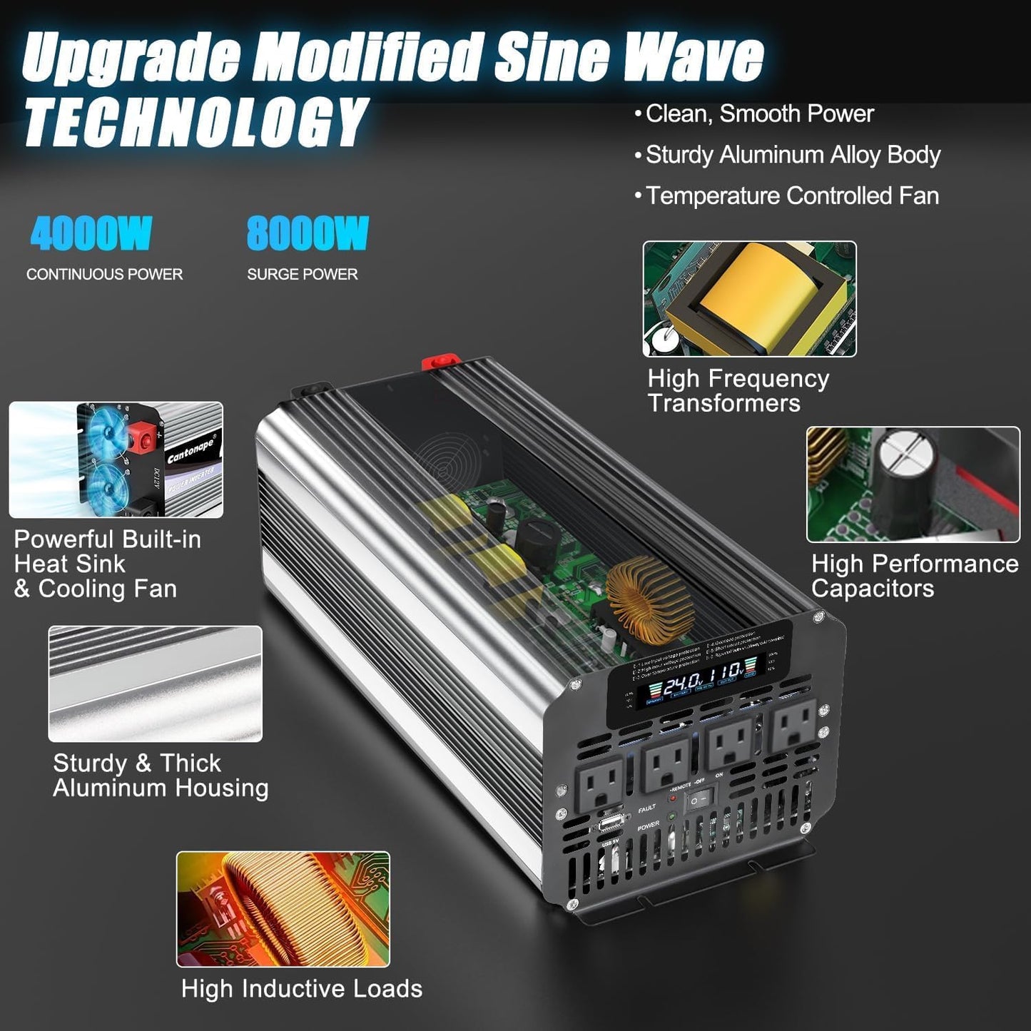 4000 Watt Power Inverter, Car Inverter 24V DC to 110V/120V AC Converter with LCD Display, 4 AC Outlets, USB Port & Remote Controller for RV, Truck, Off-Grid Solar System