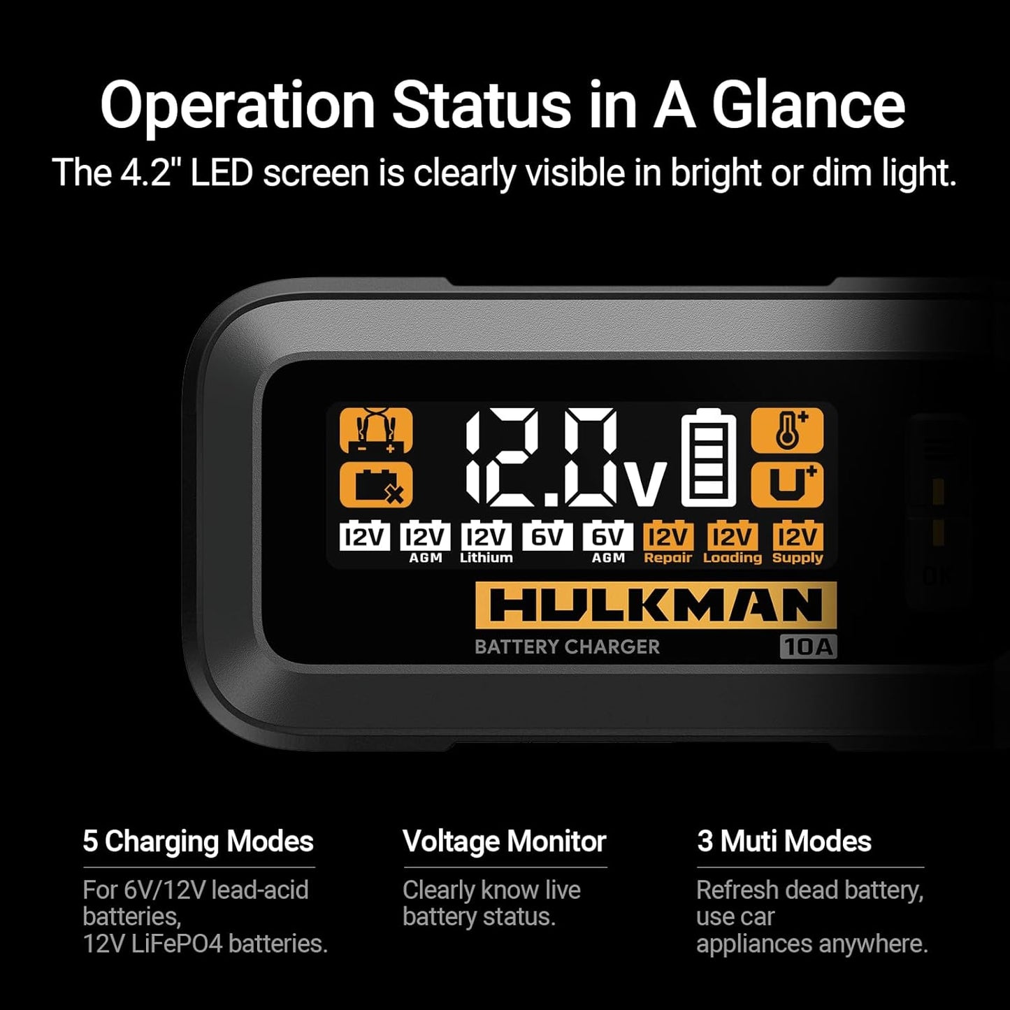 Hulkman Sigma 10, 10A 12V/6V Car Battery Charger for 30-240Ah, Battery Maintainer and Float Charger, Trickle Charger with Desulfator for Lead-Acid, LiFePO4 Battery, Automobile, Truck, Motorcycle, RV