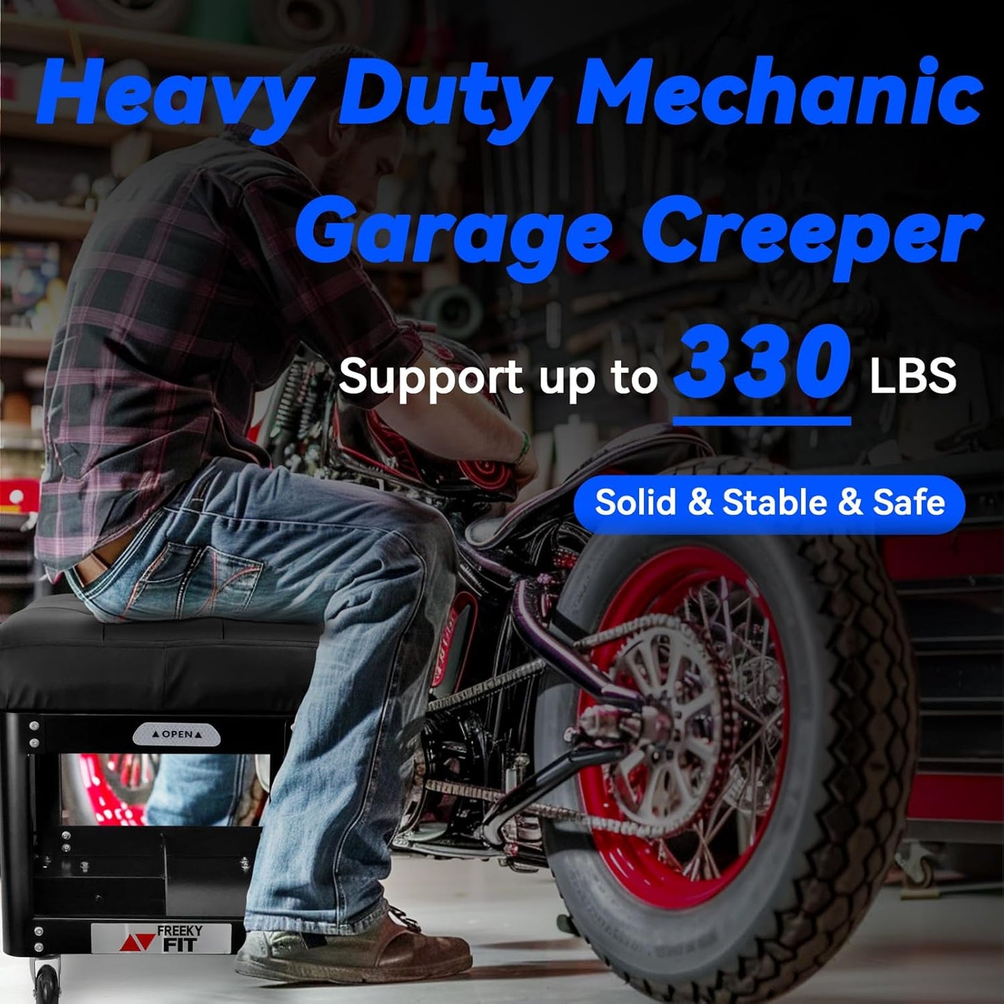 Rolling Creeper Garage Shop Seat for Men, Padded Mechanics Stool with Tool Tray Storage for Garage, Rolling Workshop Stool with Wheels, Auto Creeper Seat, 330 LBS Capacity, Heavy Duty, Black