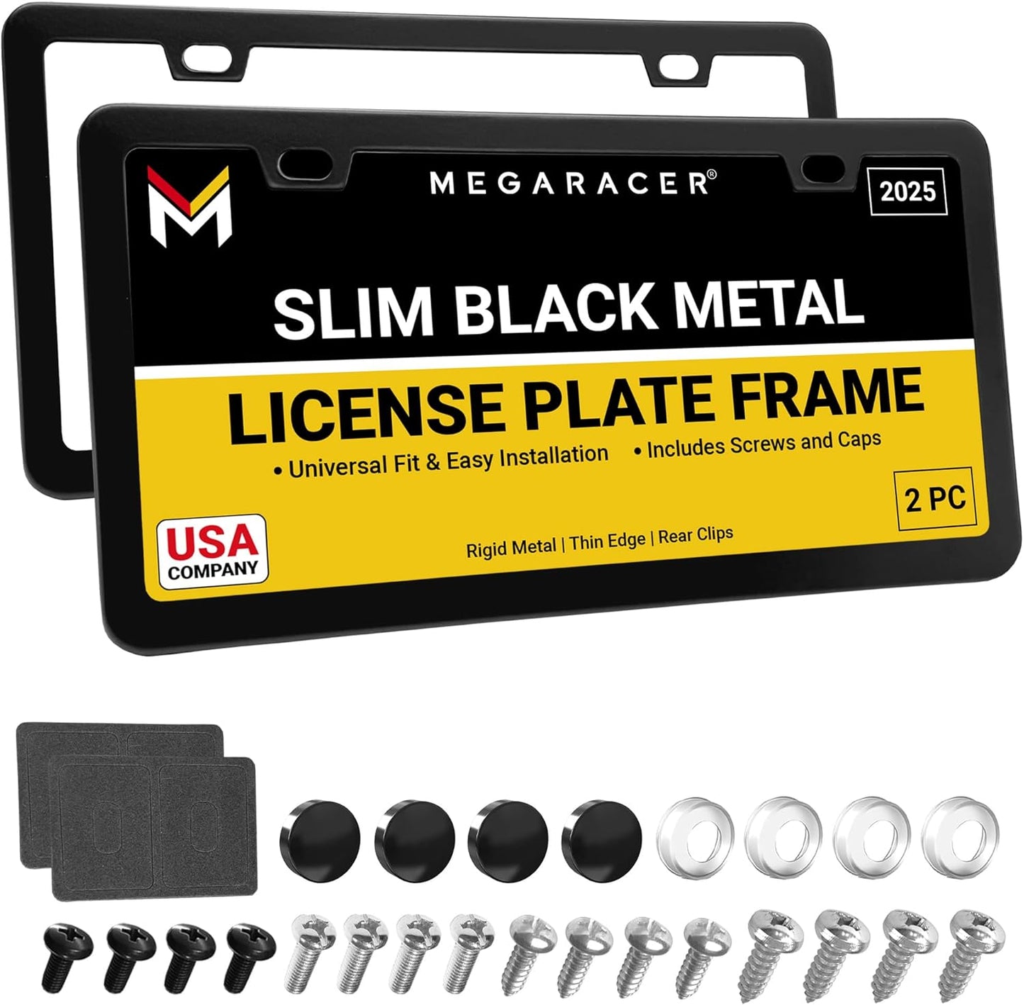 Premium Slim Matte Black License Plate Frames – 2 Pack, Rust-Free Stainless Steel & Rattle-Free, Street Legal, Universal with Screw Caps Cover, Thin Metal Front & Rear Car Tag Holders for Men & Women