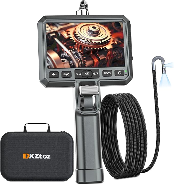 DXZtoz Dual-Lens Articulating Borescope, 6.5mm Slim Probe, Two-Way 210°Rotate Industrial Endoscope, 5'' Dual Screen Inspection Camera with Light for Aircraft Automotive Mechanic Electrician-5FT