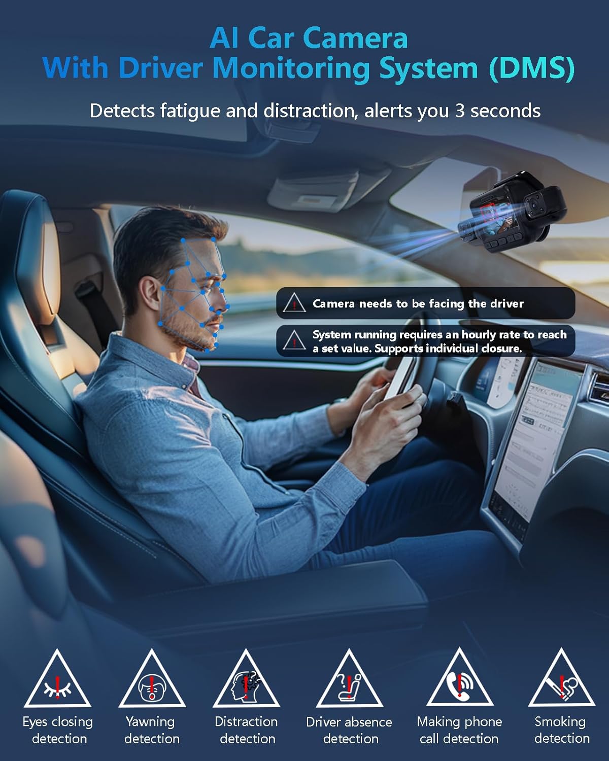 AI Dash Cam Front Rear Inside with Driver Monitor System, 360° Car Camera 4K, 4 Channel Camera for Cars Built-in WiFi GPS, Dashcam with 128GB SD Card, Night Vision, 24H Parking Mode, Upgrade DMS V8Pro