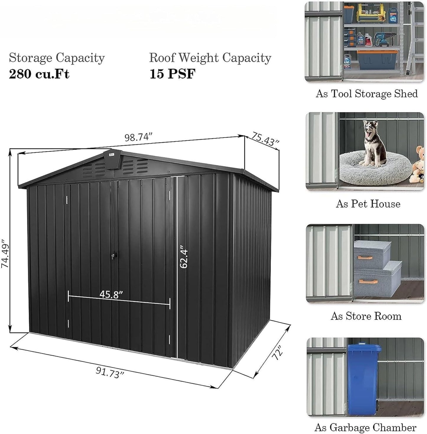 IKERY Galvanized Steel Storage Shed 8.2' x 6.2' with Lockable Door - Large Metal Garden Shed for Bikes, Trash Cans, Outdoor Storage - Backyard, Patio - Dark Gray