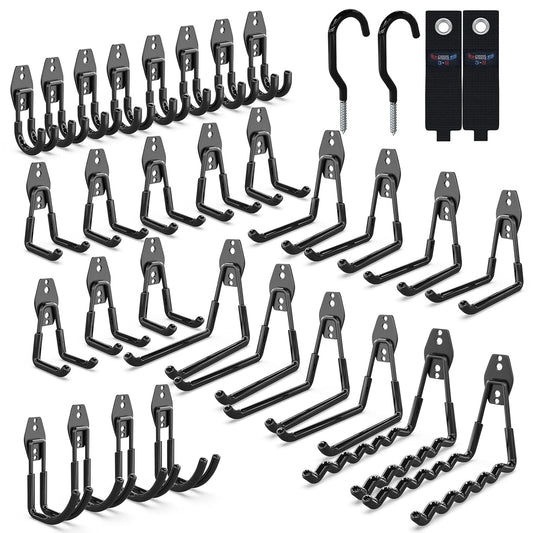 3-H Garage Wall Hooks 34 Pack, Garage Hooks Heavy Duty with Extra Welding Spots, Wall Mount Storage Organizer for Hanging Garden Lawn Tools, Ladder, Bike, WeedEater, Chair, Shovel, Blower (Black)