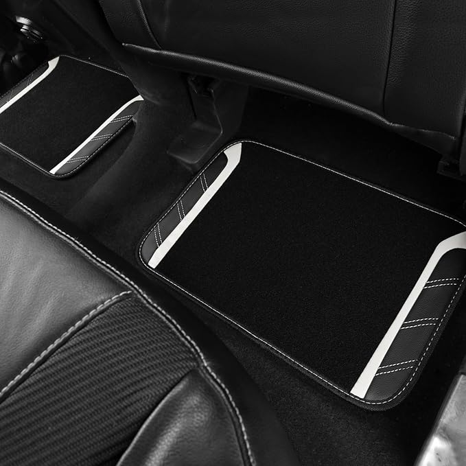 CAR PASS Leather Steering Wheel Cover and Waterproof Car Floor Mats, Microfiber Universal Car Combo Fit for 95% Sedan SUV Van,14.5-15 inch Sporty Anti-Slip Safety Comfortable Design, Black＆White