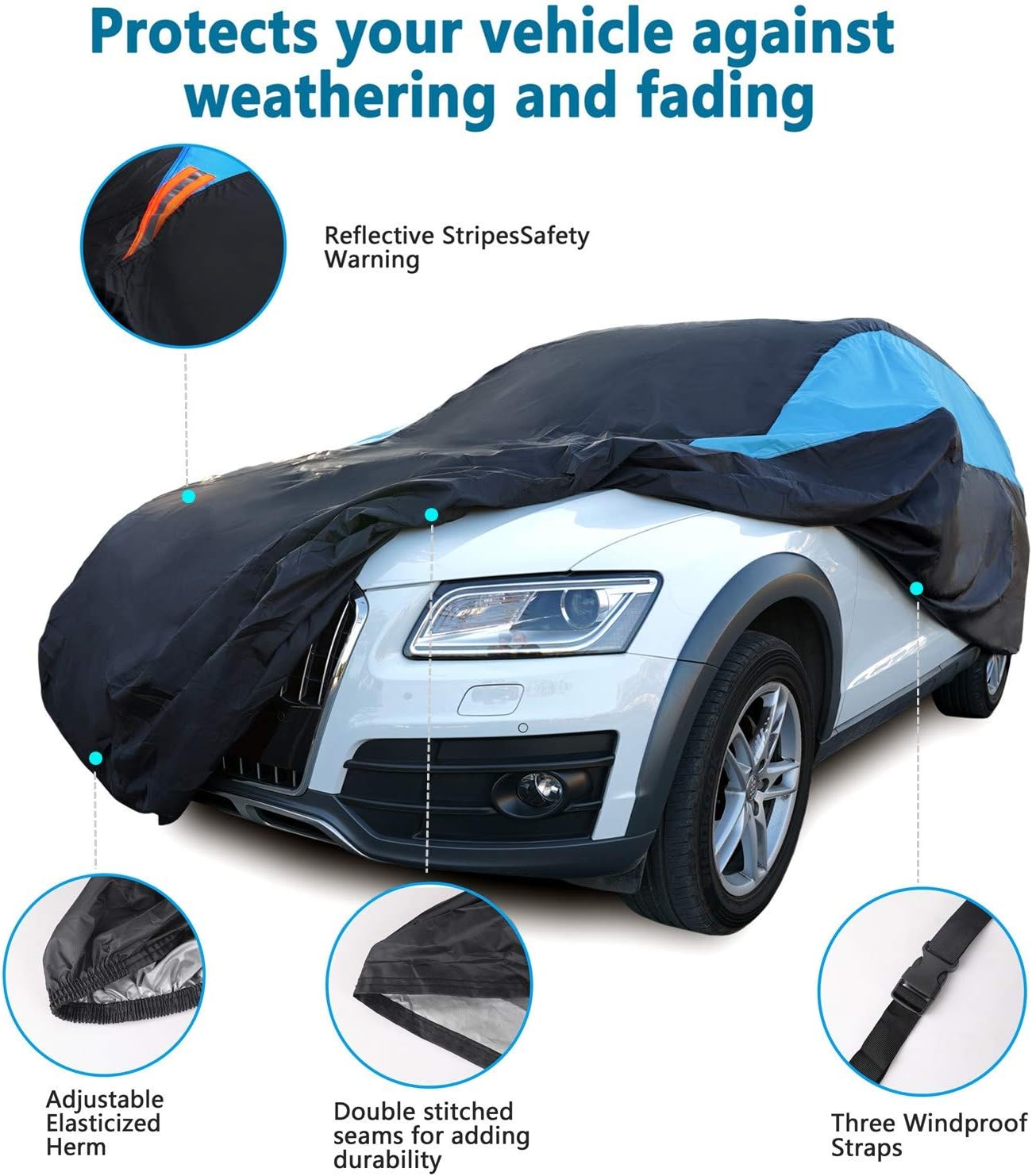MORNYRAY Waterproof Car Cover All Weather Snowproof UV Protection Windproof Outdoor Full SUV Car Cover, Universal Fit for SUV (Fit SUV Length 202-210 inch, Blue)
