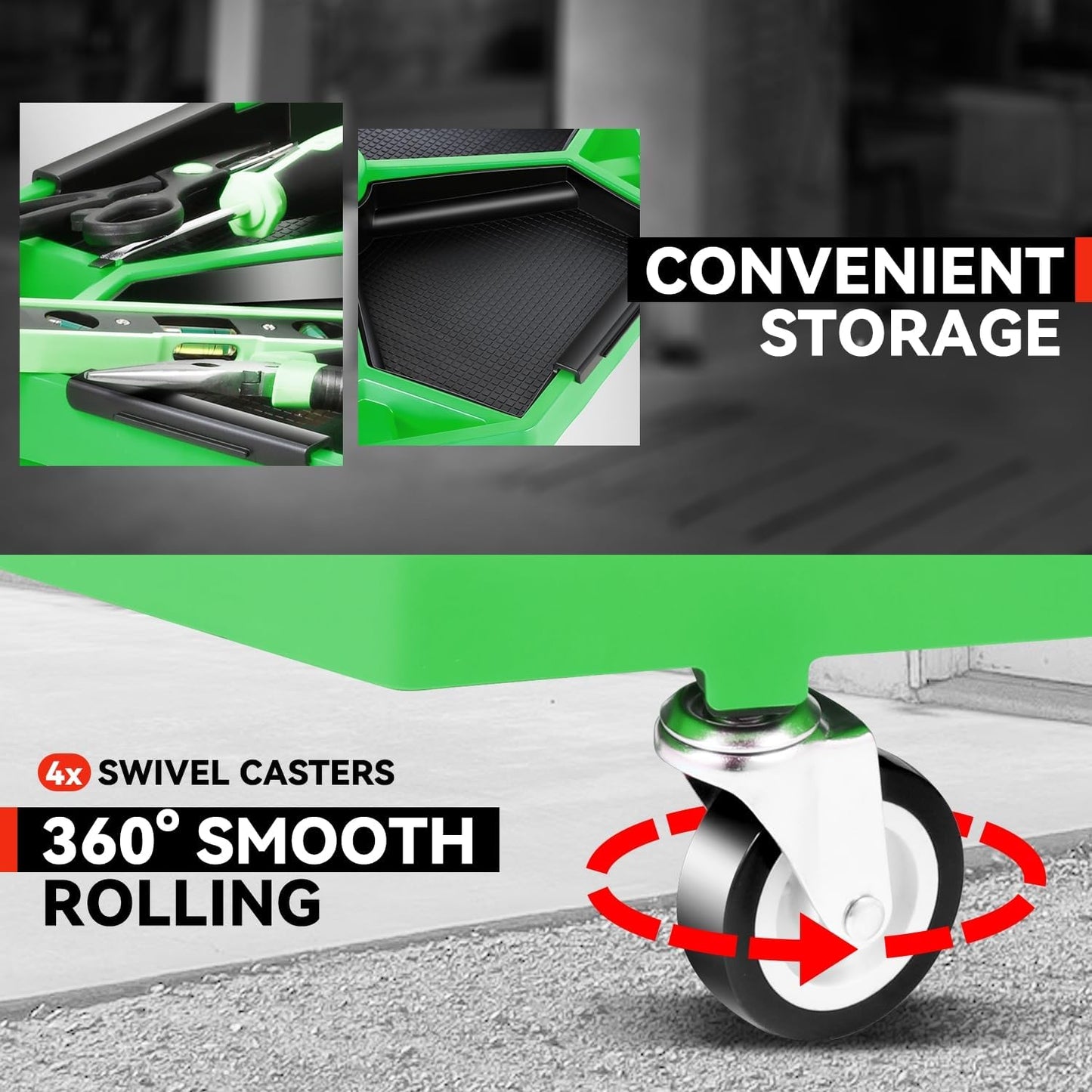 Auto Dynasty Mechanic Stool, Adjustable Rolling Pneumatic Creeper Garage Shop Seat with Tool Tray, 300 LBS Roller Seat for Workshop Auto Repair, Adjustable Height 15.7" to 21", Green