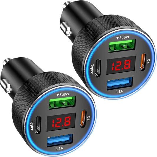 USB C Car Charger, 78W 4 Port Car Phone Charger Adapter Fast Charging, Dual USB C Car USB Adapter for iPhone 16 15 14 13 12, iPad, Samsung Glaxy, Android (Black 2Pcs)