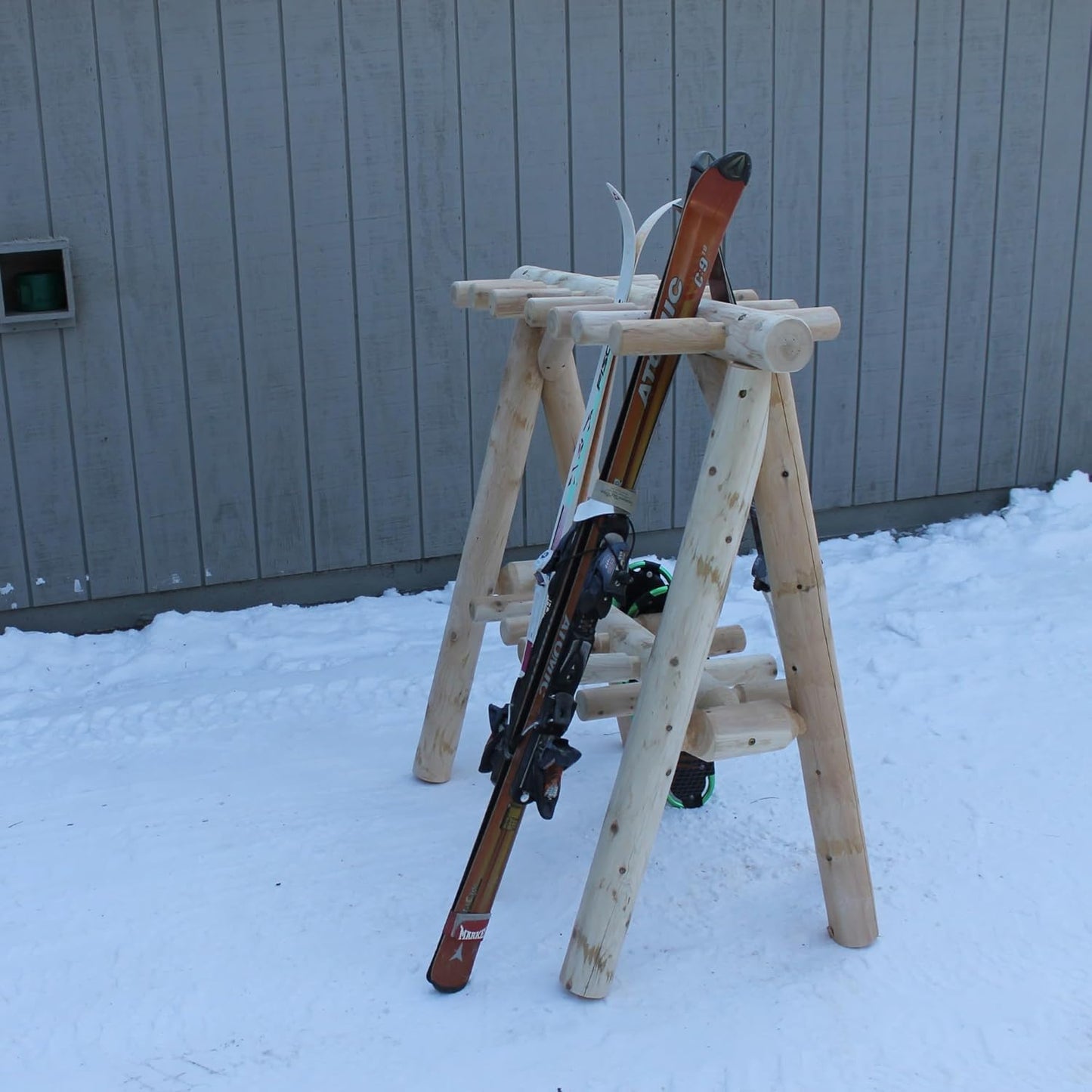 13-Place Freestanding Log Ski Rack Holder, Indoor & Outdoor Snowboard Racks, Standing Storage, Garage Racks for Snow Skis & Poles, Snowboard Rack Garage Storage Organizer - Unfinished + 15" Anchor Kit