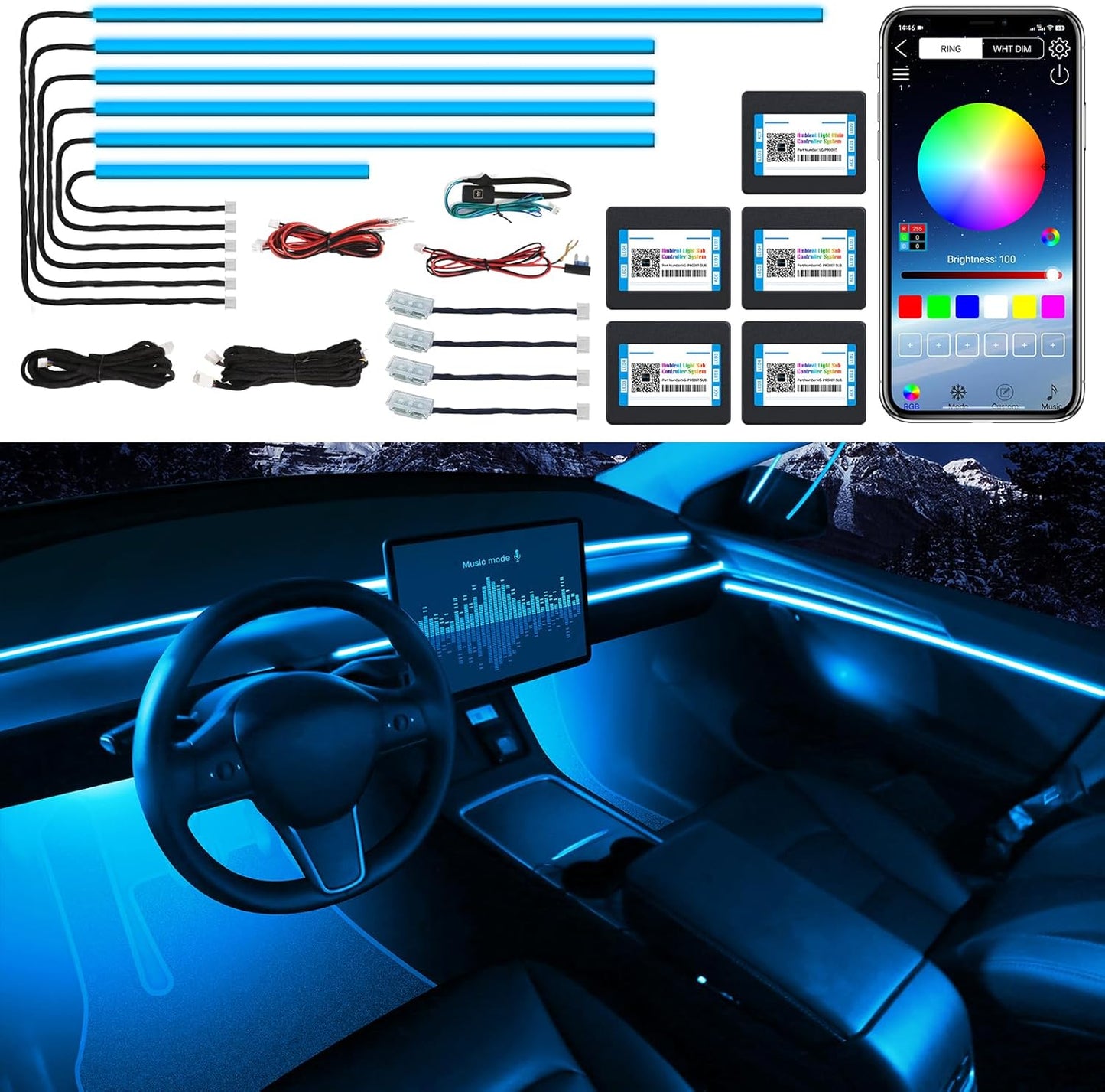Acrylic Interior Car LED Strip Light with Wireless APP, RGB 10 in 1 with 175 inches 600 LEDs Fiber Optic Car Ambient Lighting Kits, 16 Million Colors Sound Active Function LED Strip for Car