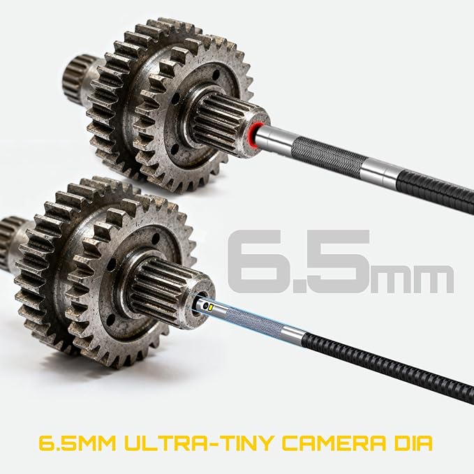 DXZtoz Dual-Lens Articulating Borescope, 6.5mm Slim Probe, Two-Way 210°Rotate Industrial Endoscope, 5'' Dual Screen Inspection Camera with Light for Aircraft Automotive Mechanic Electrician-5FT