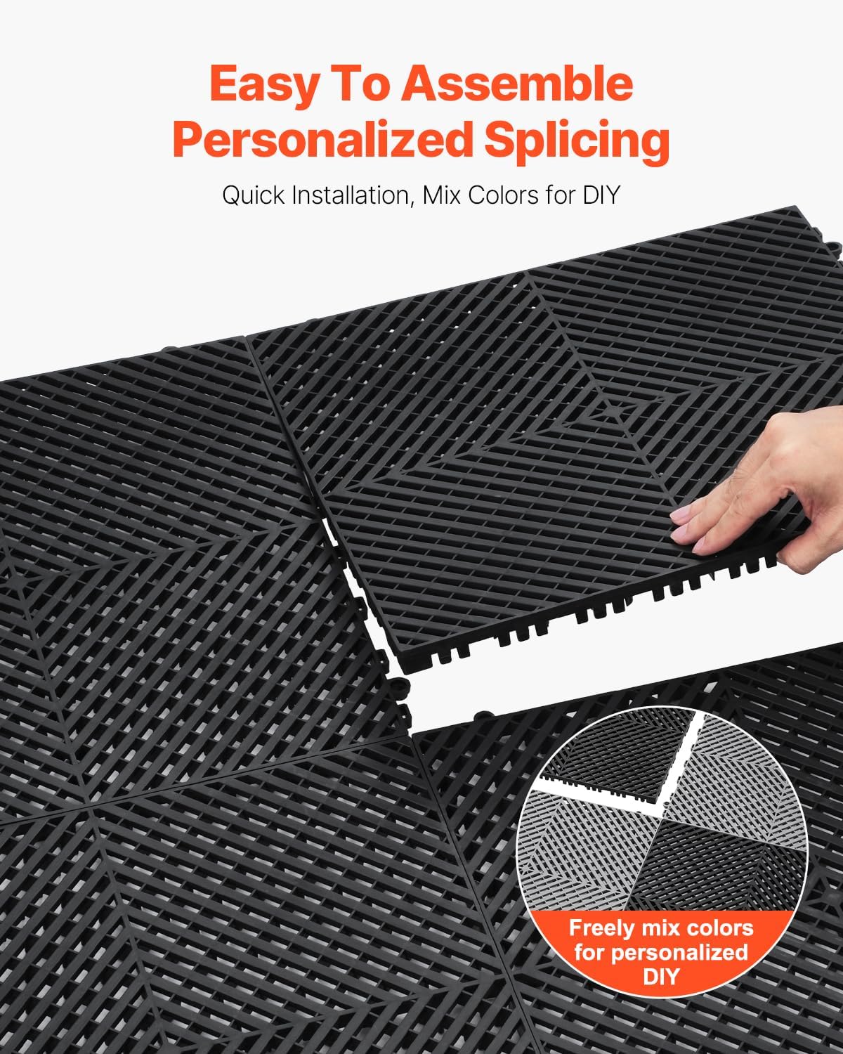 VEVOR Interlocking Drainage Mat, 15.7” x 15.7” Modular Interlocking Cushion, 24 Pcs Splicing Drainage Mats, Non-Slip Black PP Drainage Floor Tile and Shower Mat, for Garage, Garden, Kitchen & Outdoor