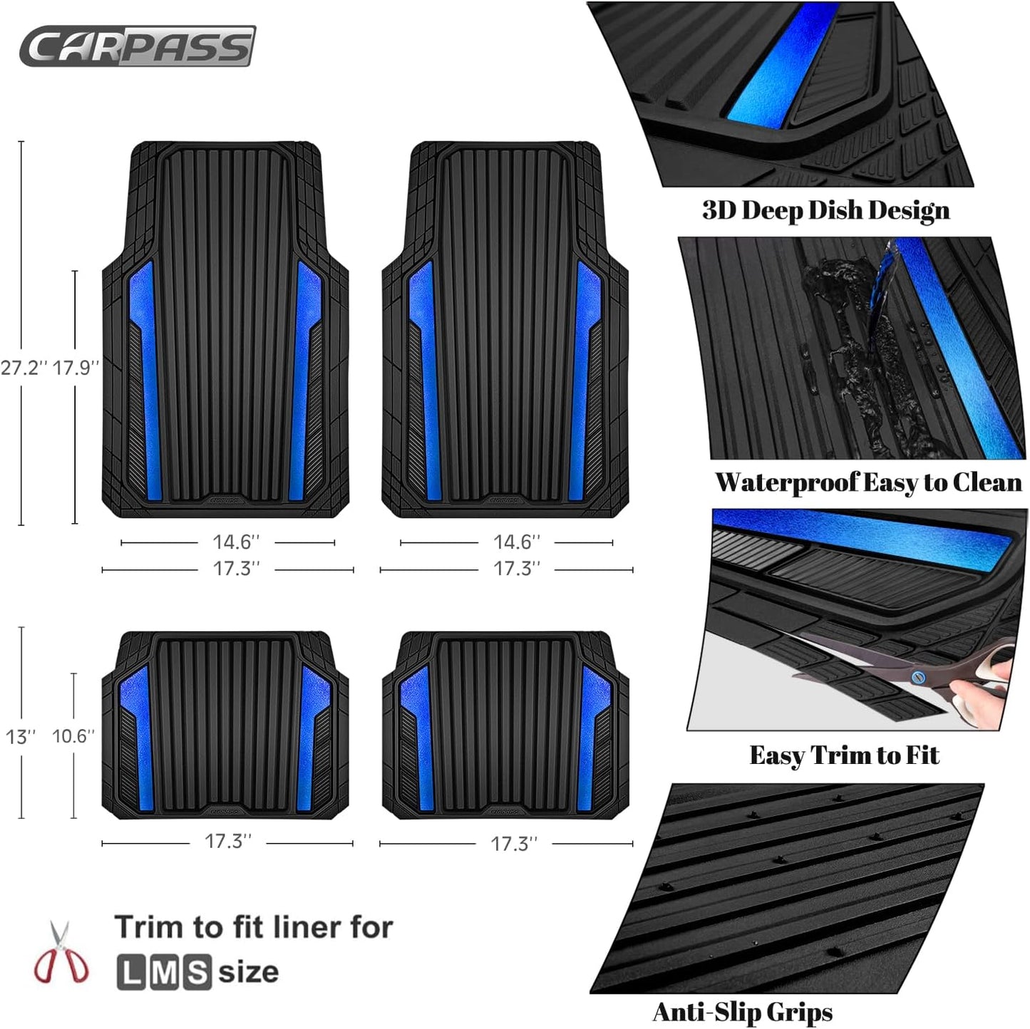 CAR PASS Heavy Duty Rubber Car Mats Metallic,Aluminum Film All Weather Floor Mats Waterproof Universal Trim to Fit Automotive SUV Sedan Van 4 Piece Anodized Deep Dish Two-Tone Sporty Black Blue Chrome