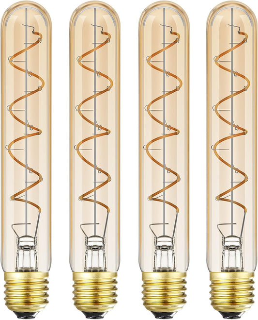 Dimmable T10 LED Bulbs, Warm White 2200K Amber, 7.3inch Long Tubular Light Bulb, 40 Watt Vintage Edison LED Filament Bulb,400lm,E26 Base Led Tube Bulb,Amber Glass,Pack of 4