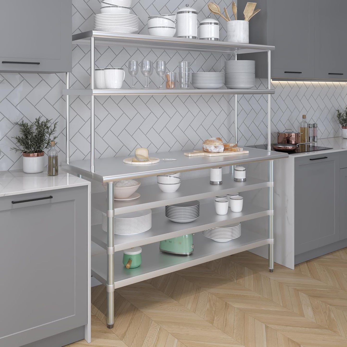 Amgood 24" x 60" Stainless Steel Work Table with 3 Shelves and 18" Wide Double Tier Overshelf | Metal Kitchen Prep Table & Shelving Combo | NSF