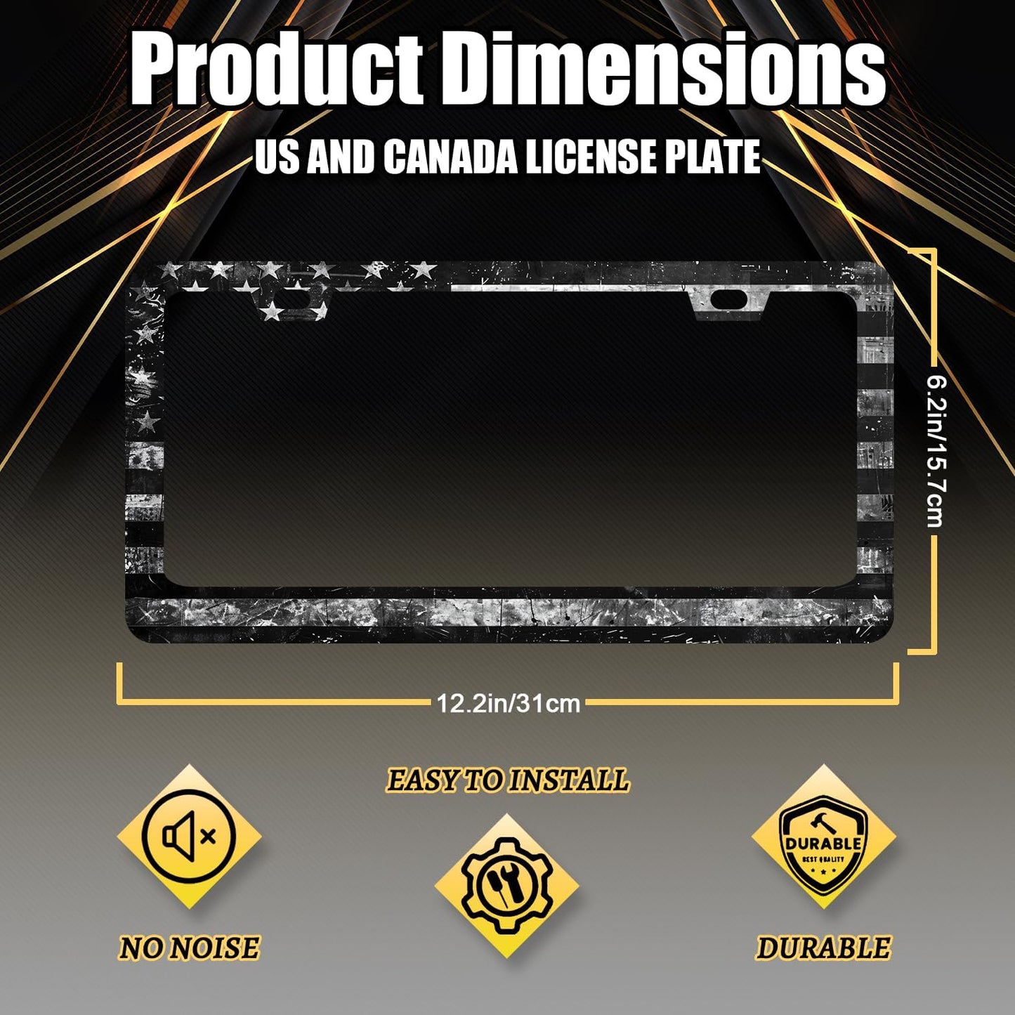 Vintage Black Grey American Flag License Plate Frame Patriotic License Plate Holder Stainless Steel Funny License Plate for USA Canada 6.3" X 12.3" with 2 Holes and Screws