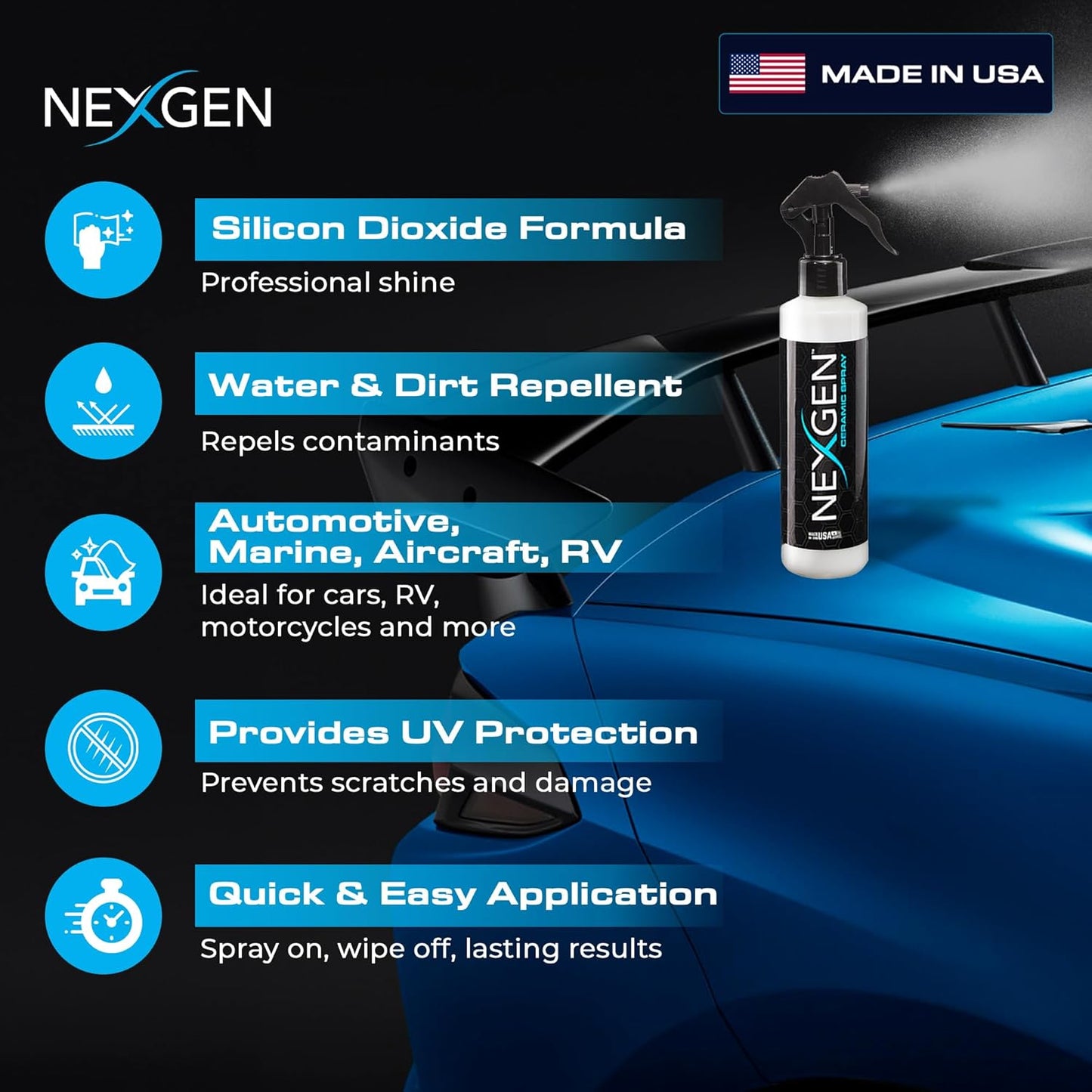 Nexgen Ceramic Spray Silicon Dioxide — Easy to Apply, Ceramic Coating Spray — Professional-Grade Protective Sealant Polish for Cars, RVs, Motorcycles, Boats, and ATVs — 8oz Bottle