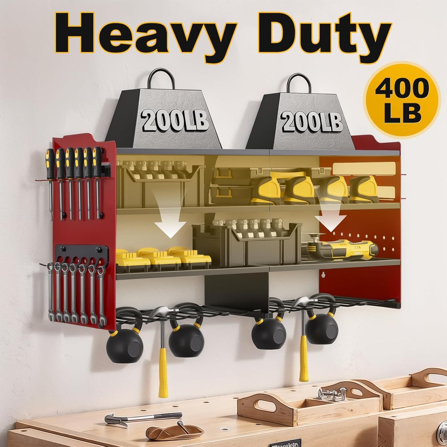 oviitech Power Tool Organizer Wall Mount, 8 Drill Holder Wall Mount Loads 400lbs, 4 Layer Heavy Duty Metal Power Tool Storage, Red, Utility Rack for Garage Workshop, Gifts for Men