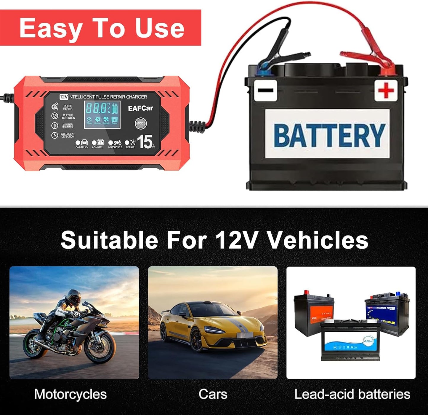 15-Amp Battery Charger, 12V Trickle Charger Car Battery Charger, Smart Automatic Lead Acid Charging with Temperature Compensation for Car Truck Lawn Mower Boat Marine(15A)