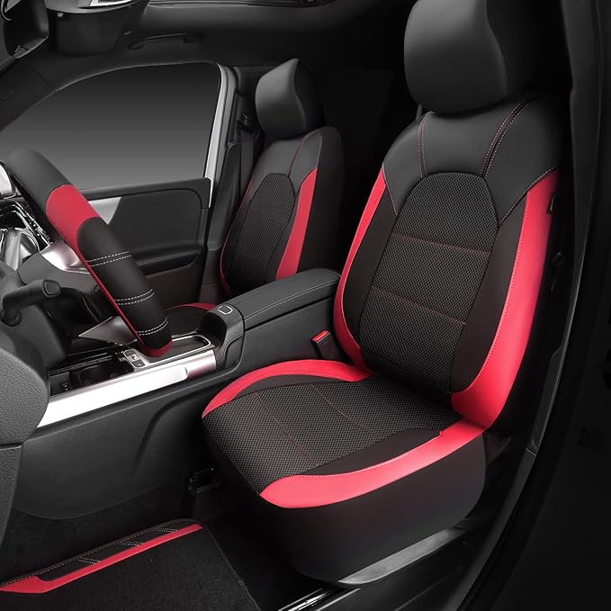 CAR PASS Air Mesh Leather Car Seat Covers for Front Seats, Waterproof Car Floor Mats, Sporty Steering Wheel Cover, Universal Fit for 95% Cars Truck SUV (Black and Red)