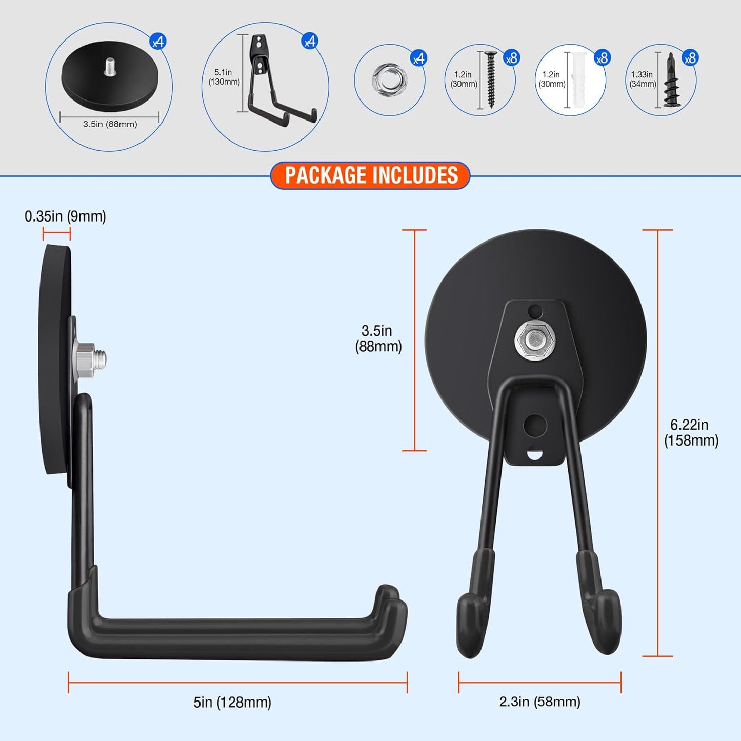 4 Pack Large Strong Magnetic Hooks for Hanging Heavy Duty, 3.5in Neodymium Magnet Storage Utility Hooks, Steel Long Magnetic Holder/Hanger Hook Organizer for Hanging Garage/Garden/Power Tools Black