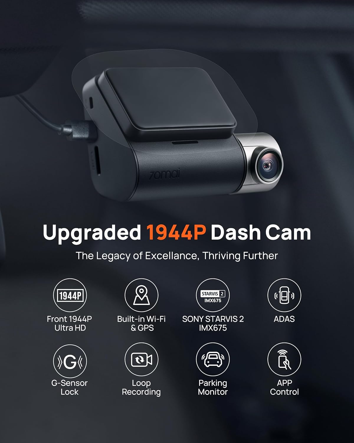 70mai Dash Cam Front and Rear A510,1944P+1080P with STARVIS 2 IMX675 and 64GB Card, Dash Camera for Cars, 4G LTE Support, ADAS, Built-in GPS WiFi, APP Control, HDR, 24H Parking Mode, Loop Recording