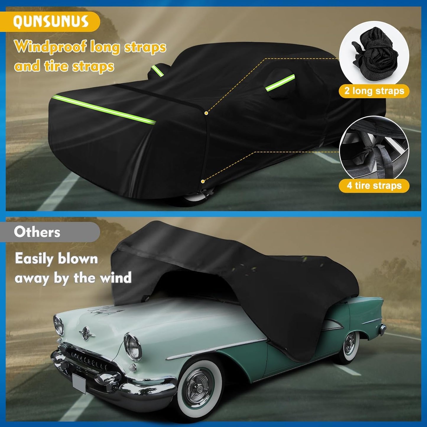 QUNSUNUS Waterproof Car Cover for Oldsmobile 88 1949-1958/1986-1999, Outdoor Car Cover with Zipper, All Weather Full Exterior Cover with Straps and Elastic Edges for Wind, Sun, UV and Dust Protection