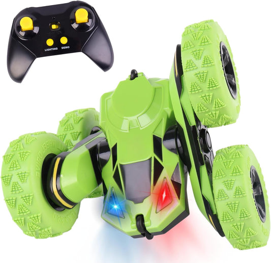 RC Stunt Car, Remote Control Double-Sided Driving 360° Flips & Rotations, Rechargeable Lithium Batteries, Color-Changing Lights, for Kids Ages 6-12, Green