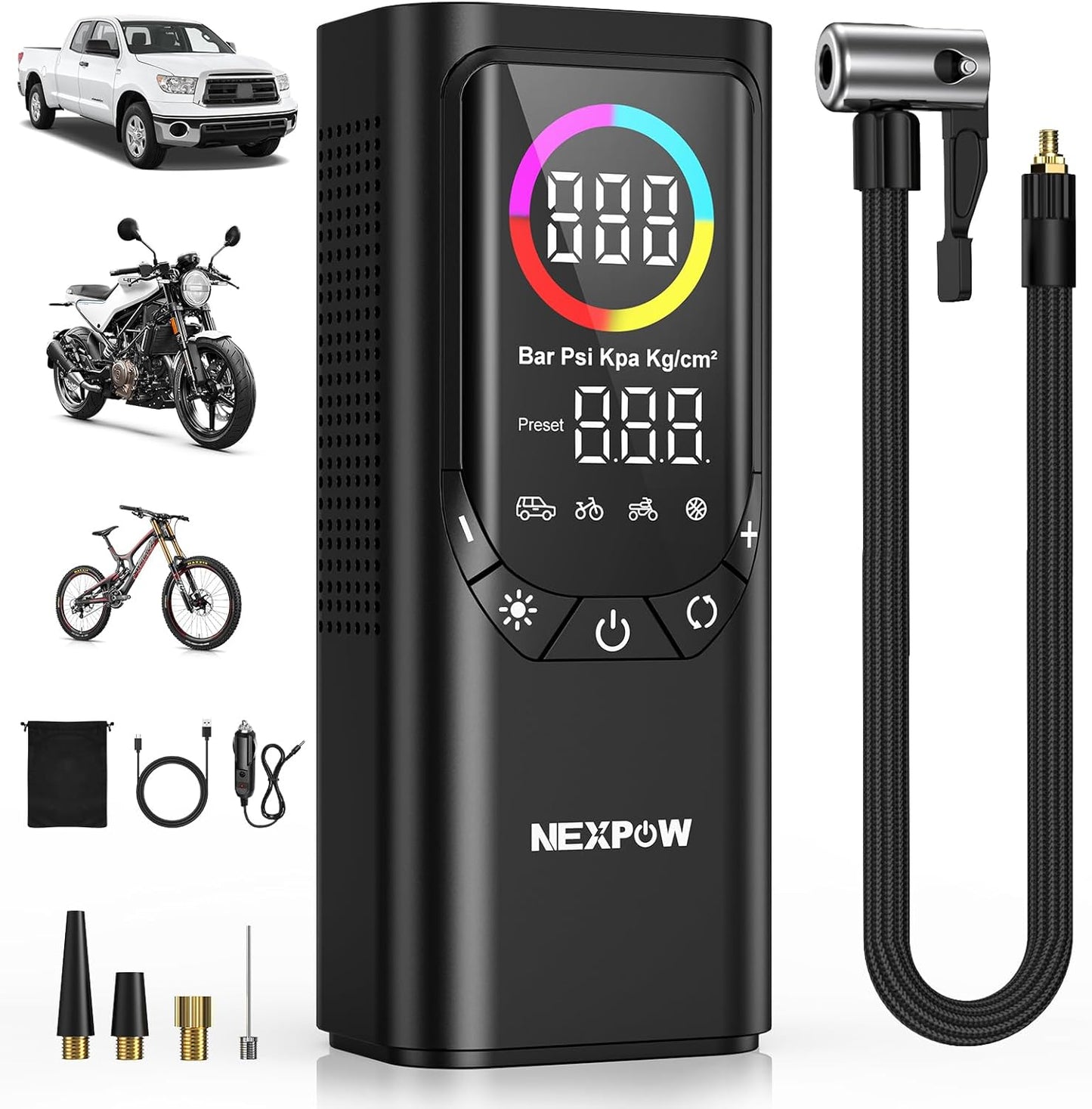 Tire Inflator Portable Air Compressor, NEXPOW 150PSI & 9000mAh Cordless Air Pump with Digital Tire Pressure Gauge, Accurate Dual LCD Display & LED Light, Tire Inflator for Car,Motorcycle,Bike,Balls