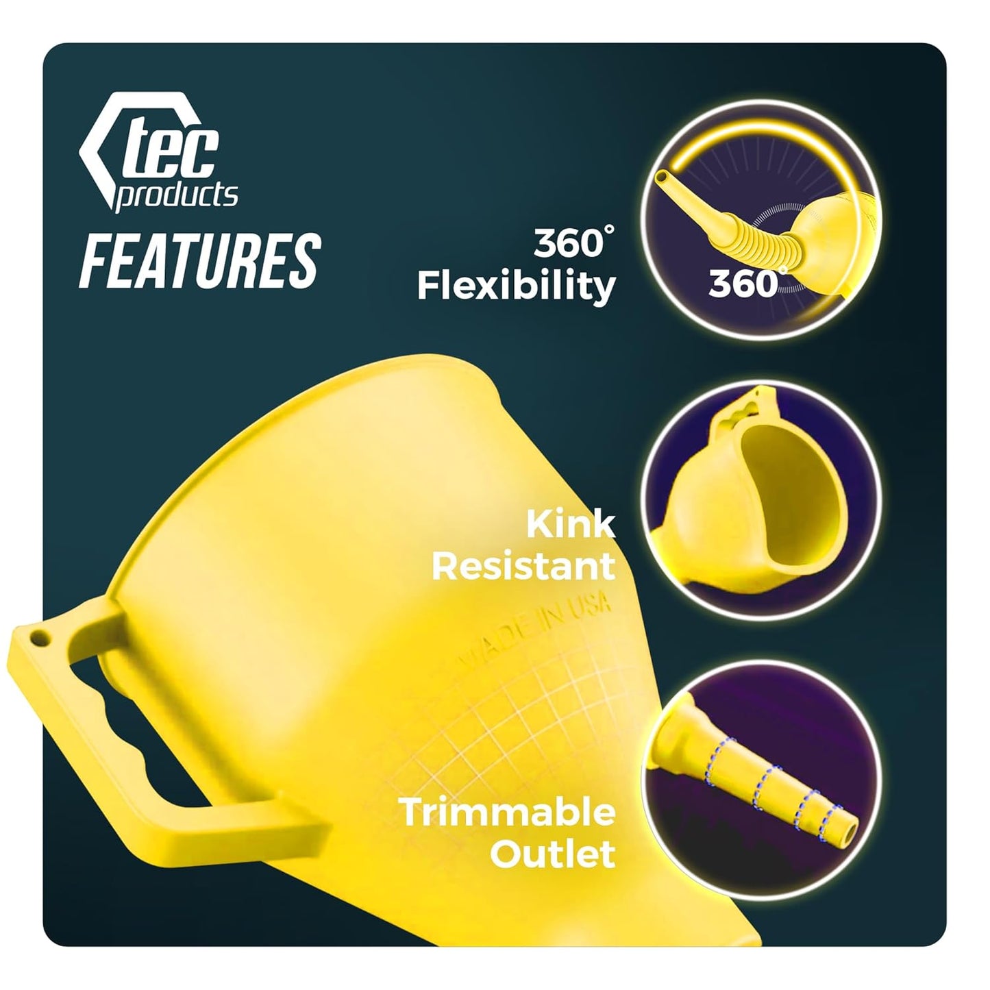 FlexAll Long Flexible Funnel for Automotive Use - Durable Nitrile Rubber - Ideal for Car Oil Change, Transmission Funnel Fluid, Diesel, Fuel, Gas - Made in USA - Yellow (12 x 4 Inches)