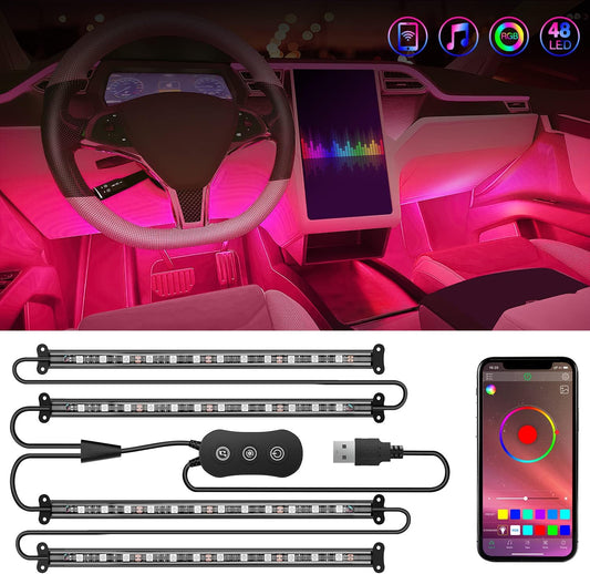 Nilight 4PCS USB Interior Car Lights 48 LEDs RGB LED Strips Lights with App Control Music Sound Active Mode Under Dash Footwell Ambient Lights 2 Line Design for Car Truck ATV UTV, 2 Years Warranty