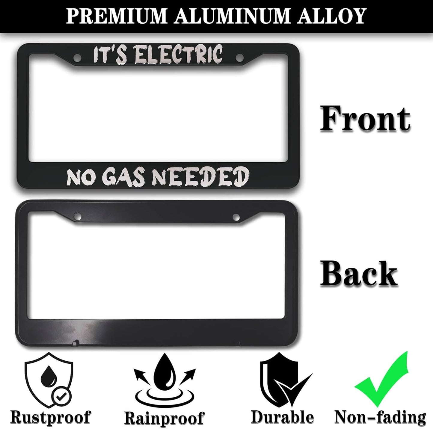 License Plate Cover Black and White License Plate Frames It’s Electric No Gas Needed Universal Aluminum Car Accessory 2 Pack with Screw Covers Set