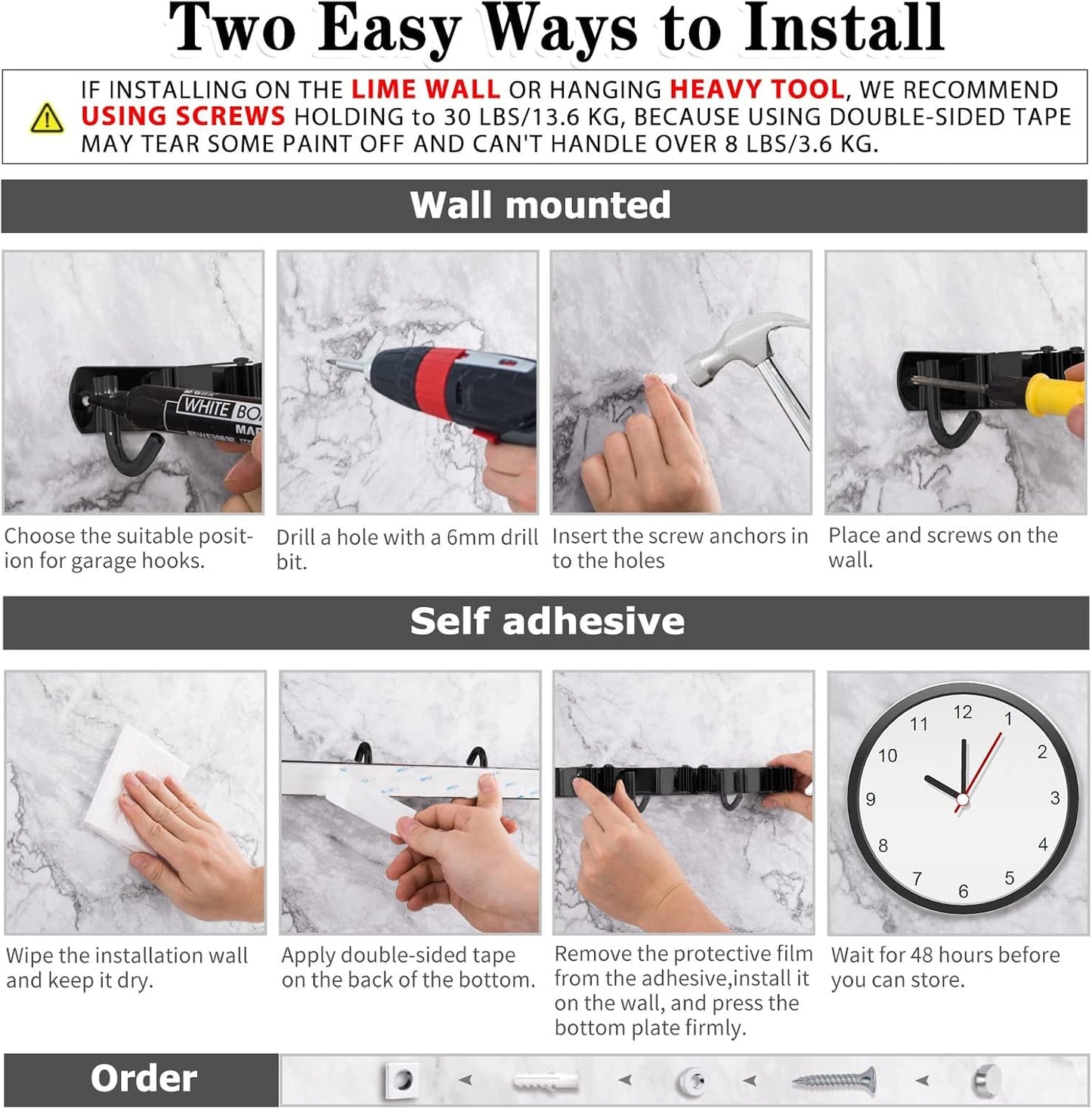 AceMining 2 Pack Black 5 Racks and 4 Hooks Mop and Broom Holder Wall Mount, Broom Organizer Storage Tool Racks Stainless Steel Heavy Duty Hooks Self Adhesive Solid Non-slip for Home Kitchen Garden