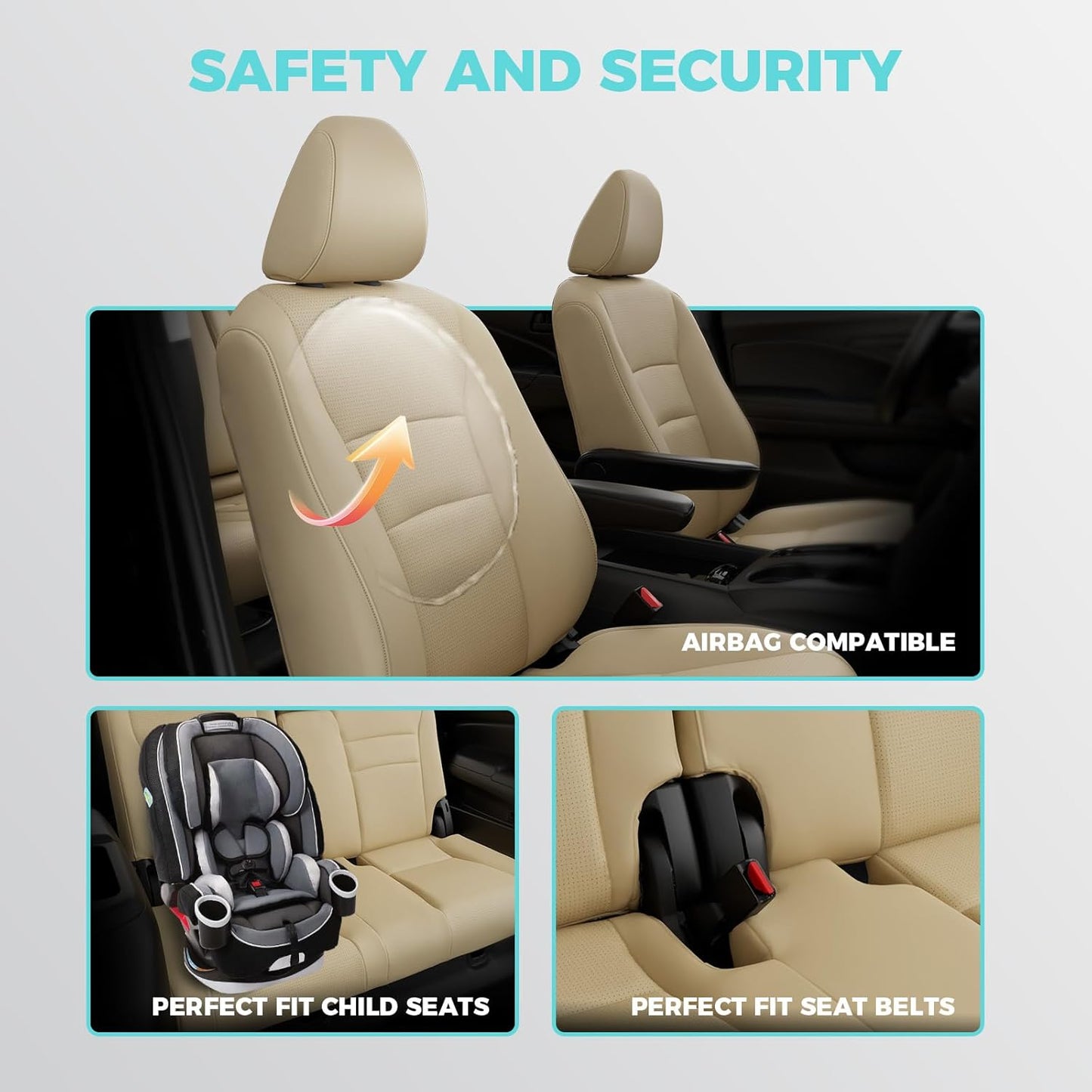 Custom for Honda Pilot Seat Covers, Car Seat Protectors Full Set for Pilot LX EX 2016 2017 2018 2019 2020 2021 2022-8 Seats, Faux Leather Full Coverage Waterproof, Beige