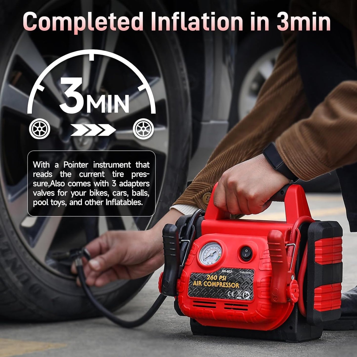 Car Battery Jump Starter with Air Compressor 1000Amp Portable Jump Starter(Satisfy 5L Gas/Diesel),12V Car Battery Charger with 260PSI Tire Inflator, Jumper Cable with USB/DC Port