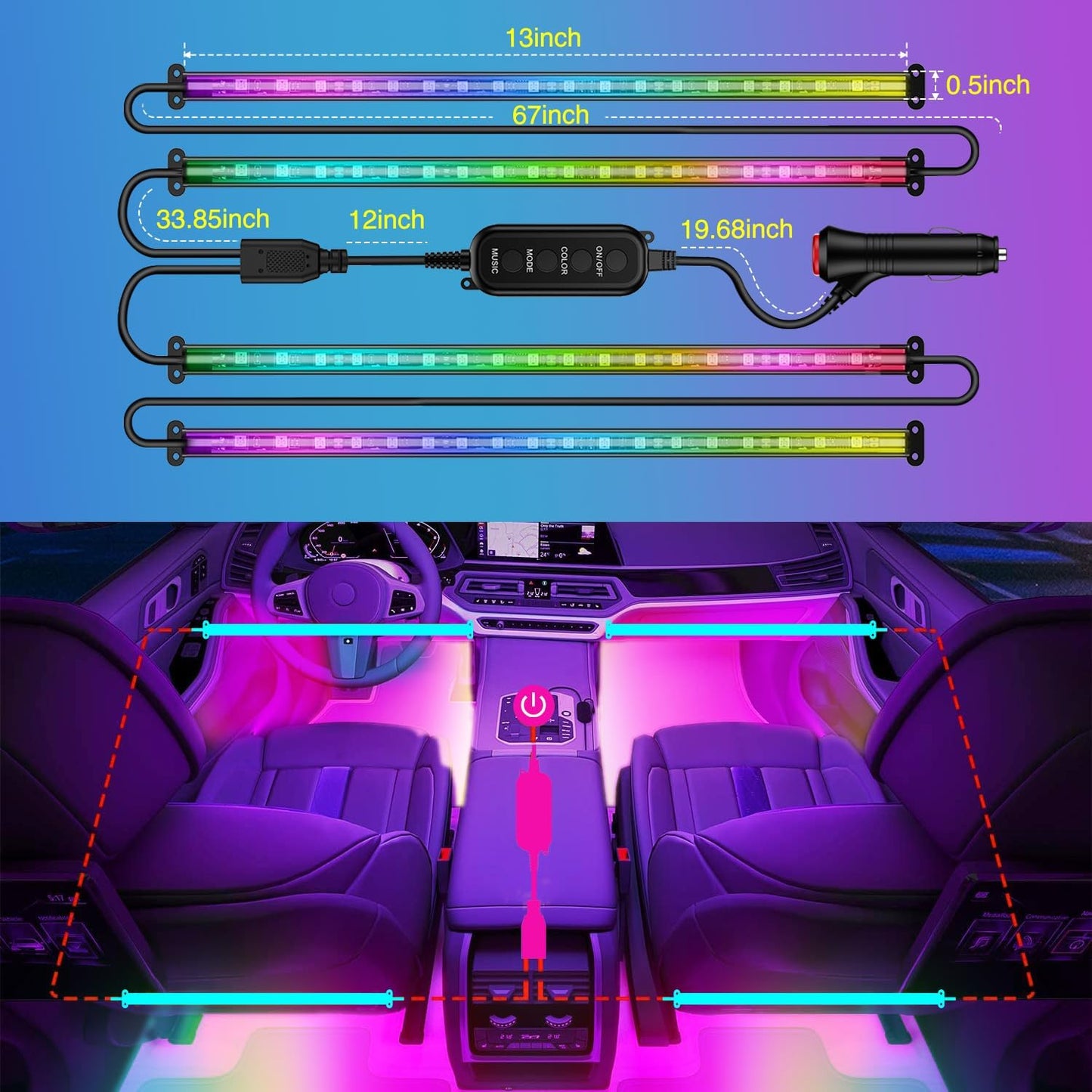 Nilight 4PCS Interior Car Strip Lights Cigarette Lighter Dream Color RGB-IC 12V DC with App Remote Control Multicolor Under Car Dash Lighting 2 Lines Design Music Sync Mode for Cars Truck ATV UTV