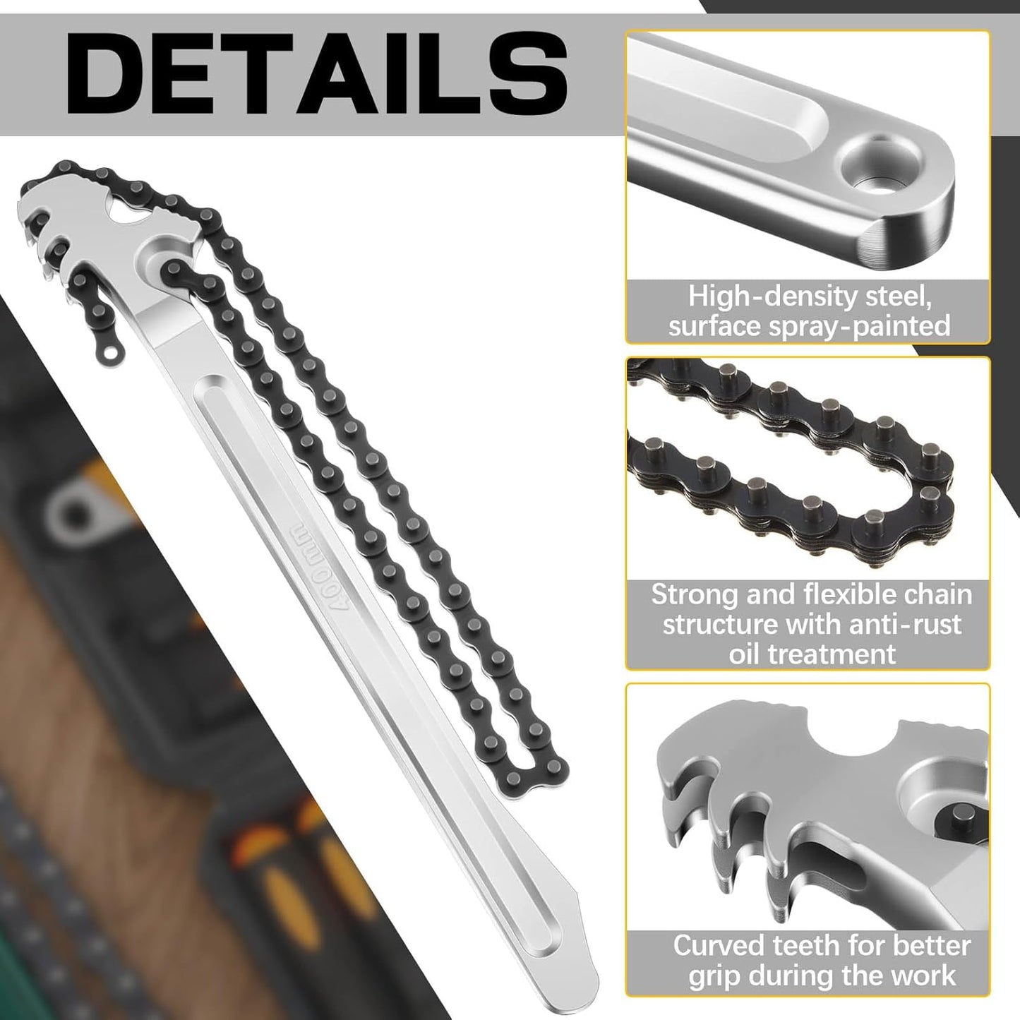 Lasnten 3 Pcs Large Reversible Chain Oil Filter Wrench with 12 16 9 Inch Chain Wrench Adjustable Heavy Duty Carbon Steel Sturdy Pipe Fitting Tool Spanner for Ratcheting Universal(Silver)