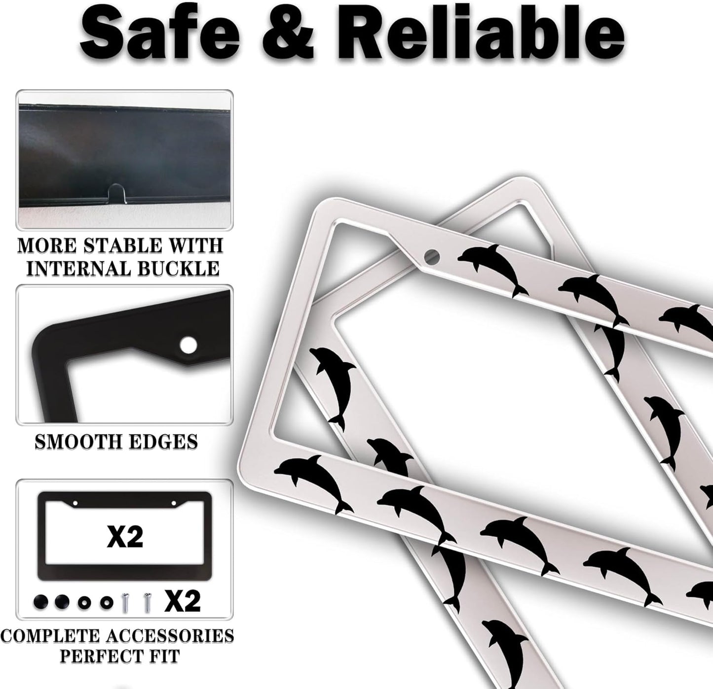 License Plate Frames for Women Black and White License Plate Protector for Men Dolphin Universal Aluminum Car Accessory 2 Pack with Screw Covers Set