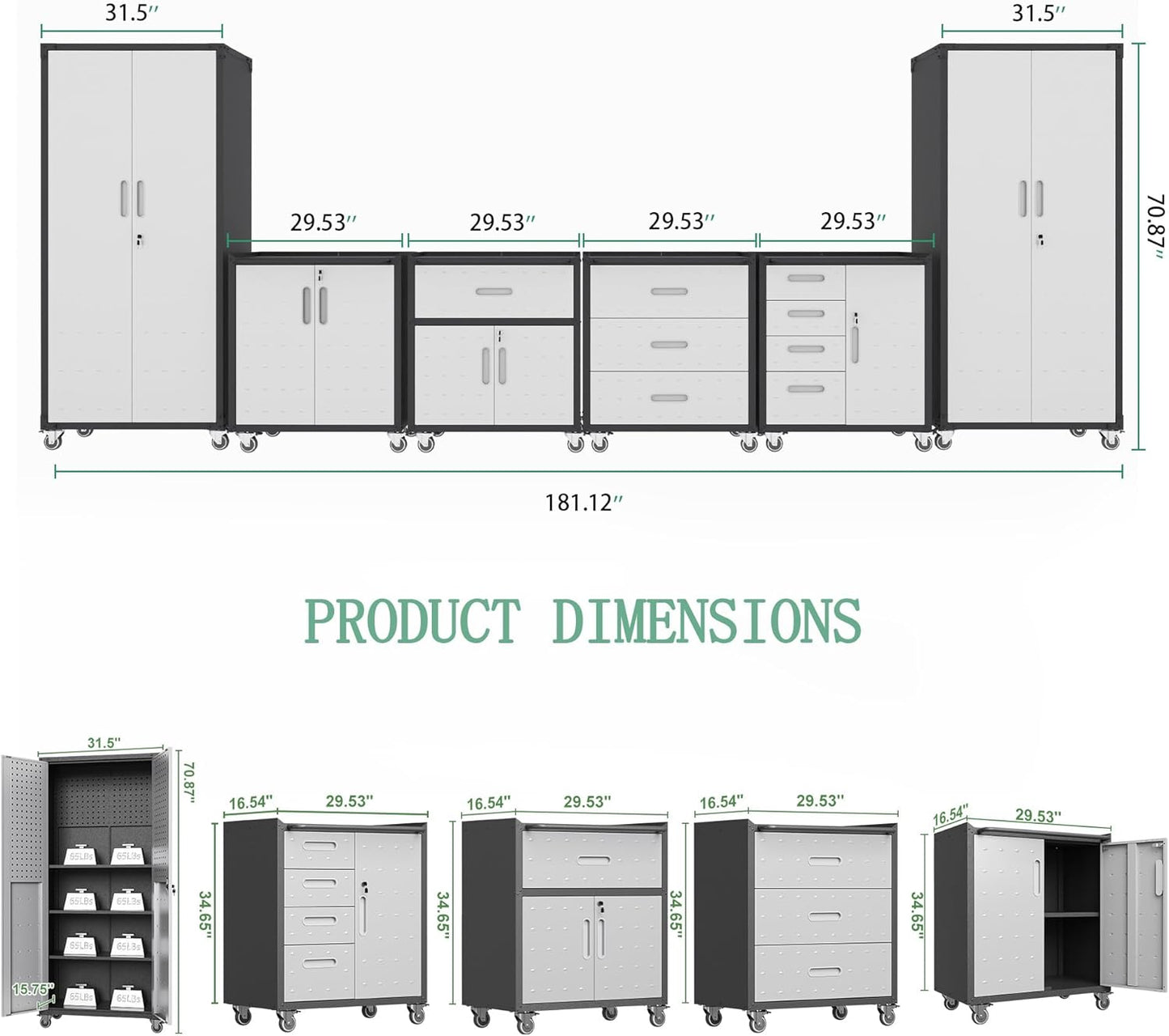 Metal Tool Cabinet,Garage Storage Cabinet System,Wall Cabinet & Locking Rolling Tool Cabinet with Doors and Adjustable Shelves,Steel Tool Cabinets for Home,Office (6 Pcs-StyleA, Black & Grey)