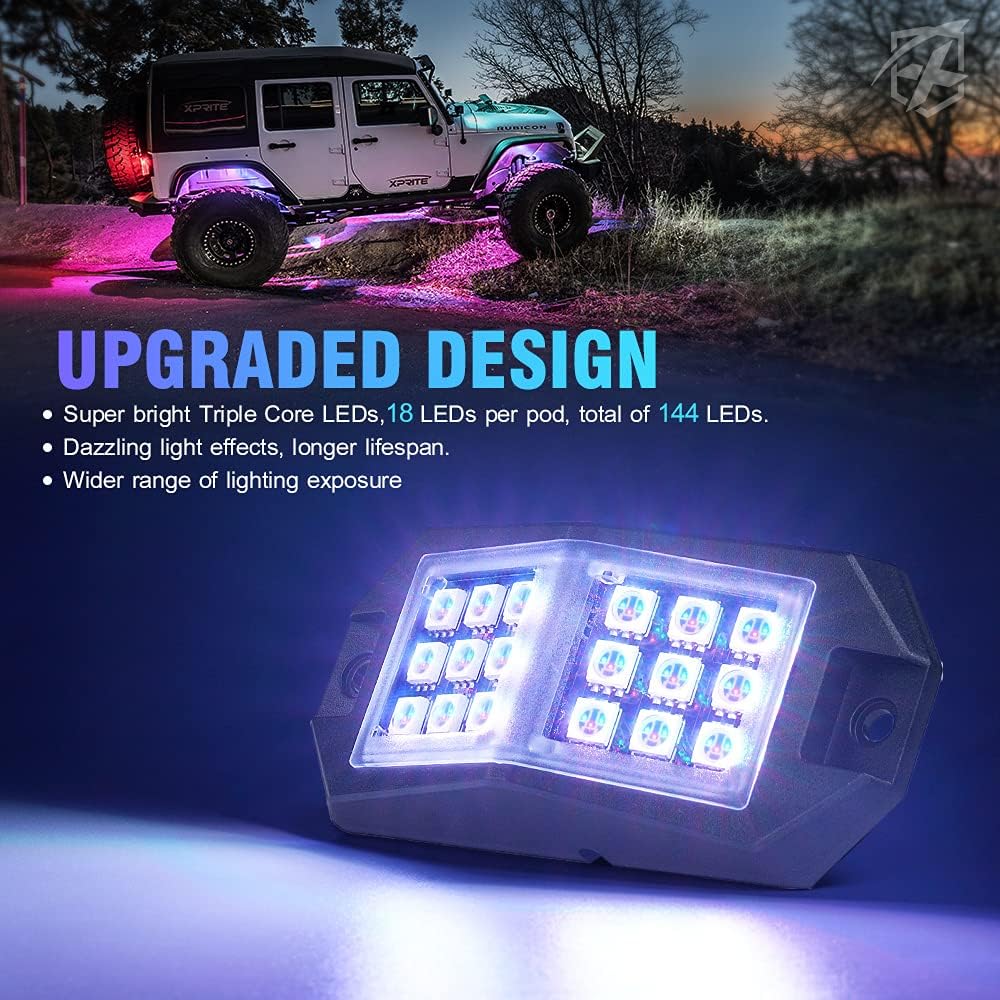 Xprite 8 Pods Rock Lights Wide Angle Bluetooth RGB Rocklights, Multicolor Neon Lighting Footwell Underglow Kits w/Wireless Remote, Compatible Jeep UTV ATV SUV RZR Off-Road Trucks Cars Boats