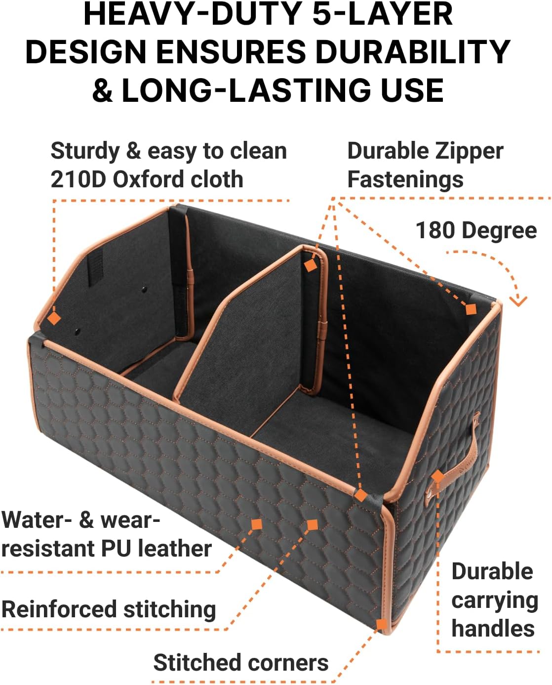 Sedan Trunk Organizer 17.7" Storage Tote For Groceries, Tools & Travel Gear - Foldable Eco-Leather Car Crate With Magnetic Lid | Stylish Presents For Drivers | Black-Brown (Hexy 17)