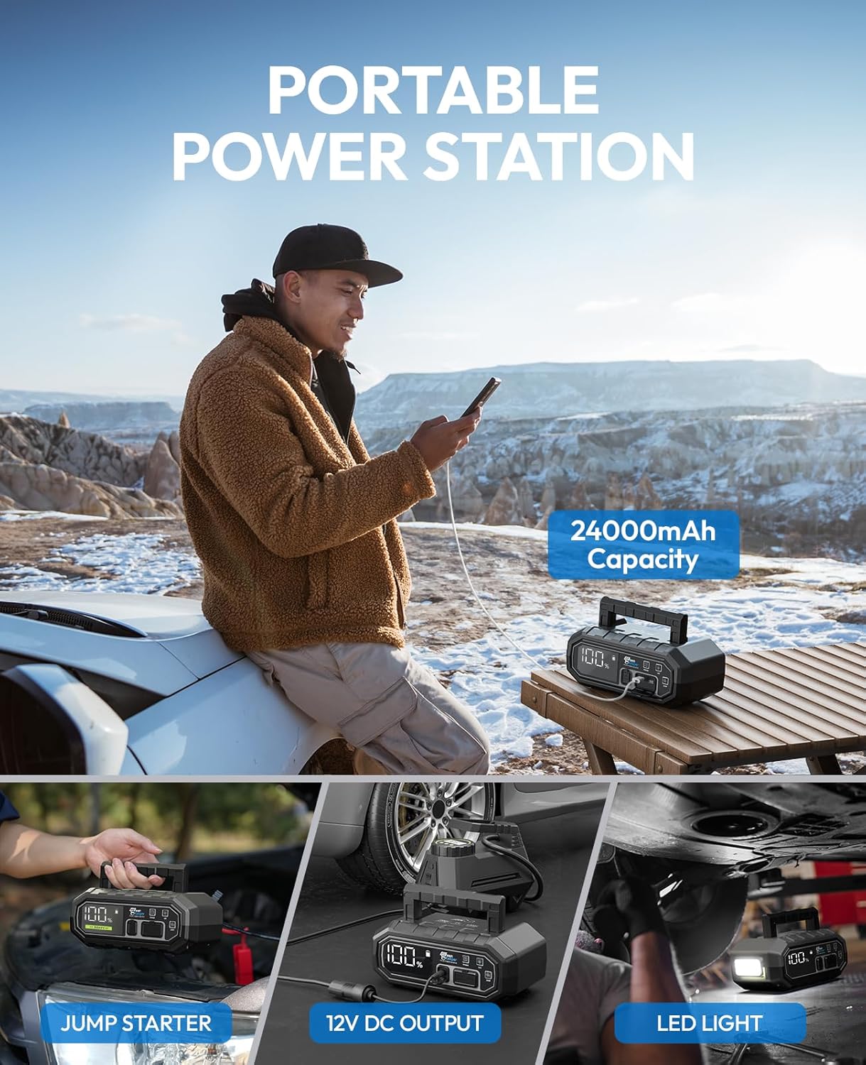 4000A Portable Car Jump Starter: 12V Battery Jumper Box Emergency Kits for 10.0L Car Truck, Auto Booster Start Pack, Fast Charger Power Bank with USB C Ports, LED Light, Smart Protection, GK-J1205