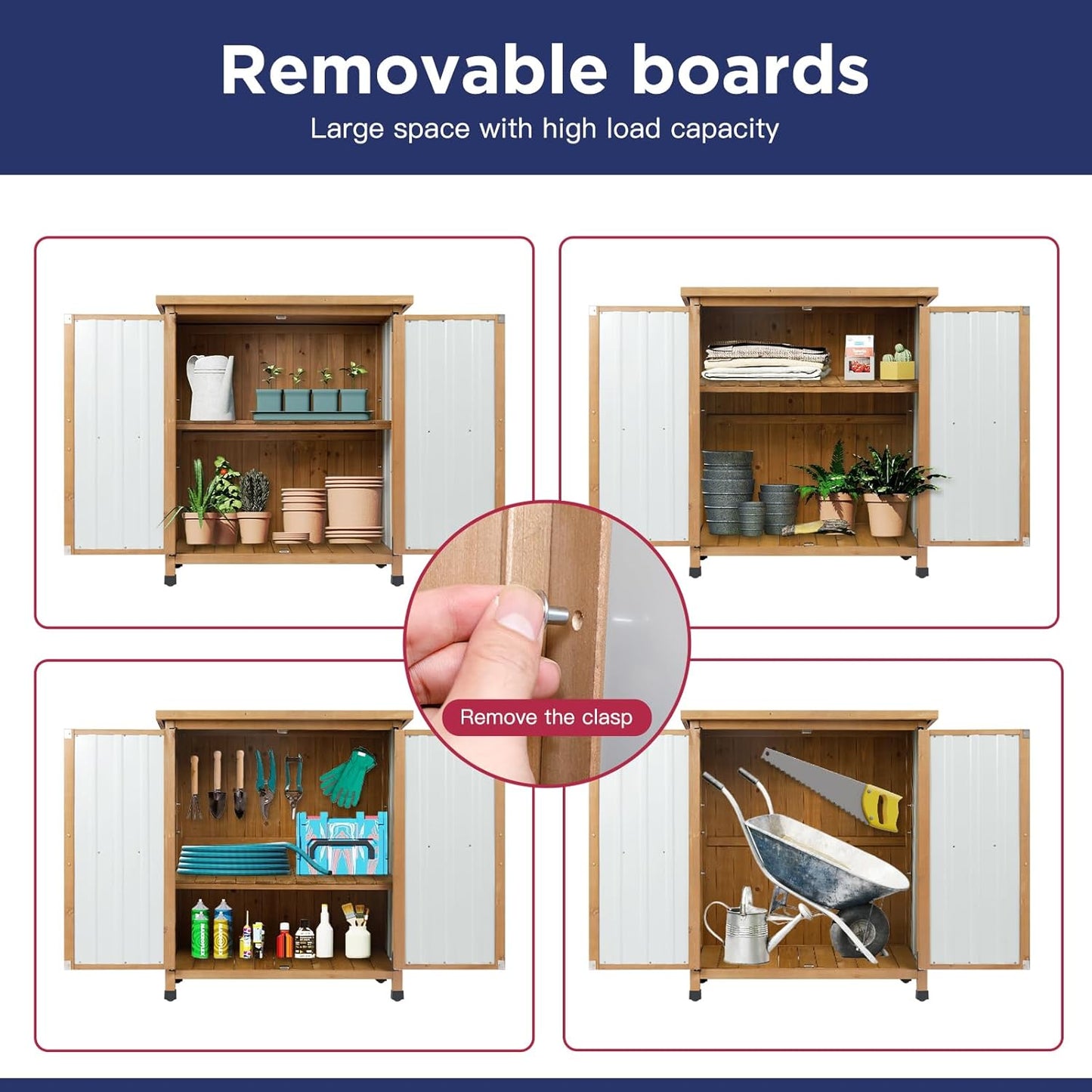 Wood & Metal Outdoor Storage Cabinet with Waterproof Roof, Garden Tool Shed with 4 T-Hinge, 4 Adjustable feet and Magnetic Door, 2 Removable Shelves, Easy Installation, 13.5" D x 34.5" W x 39" H