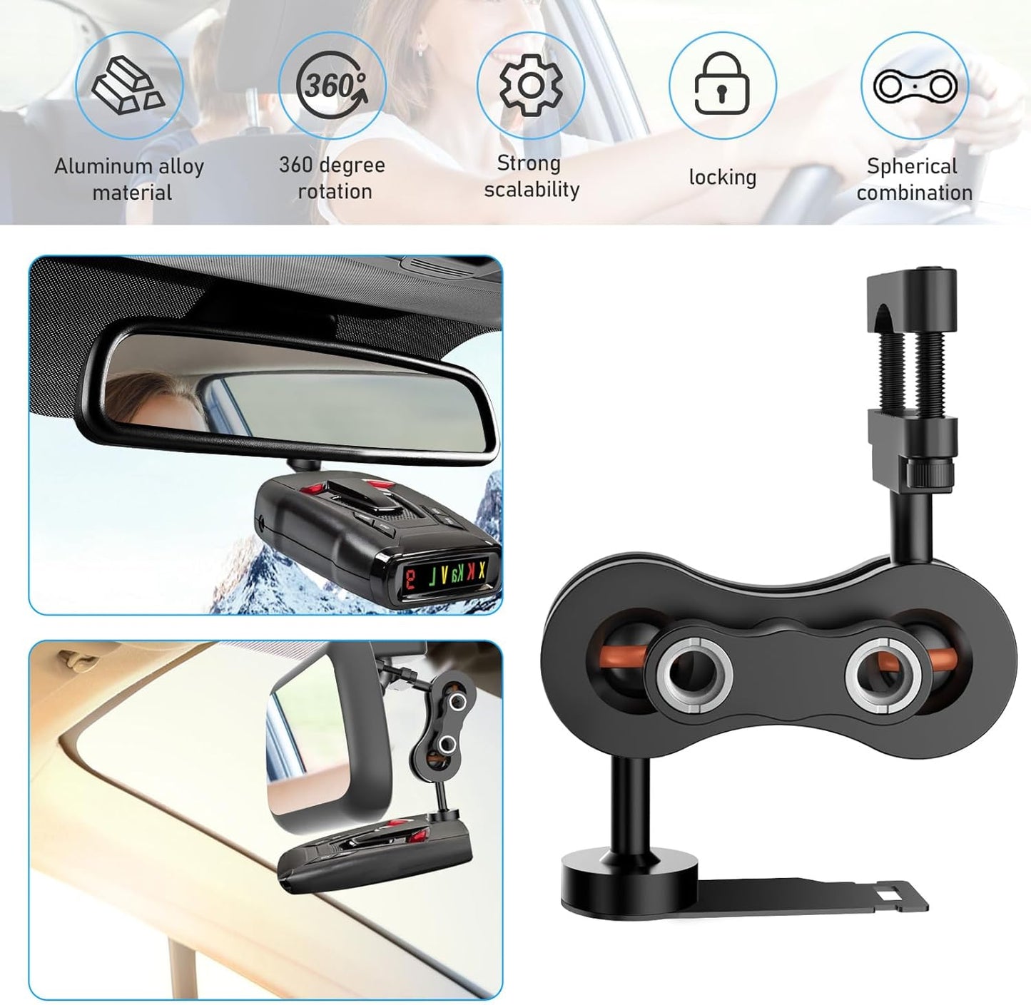 Radar Detector Mount,Aluminum Rearview Mirror Rod Radar Bracket,for All Whistler Radar Models