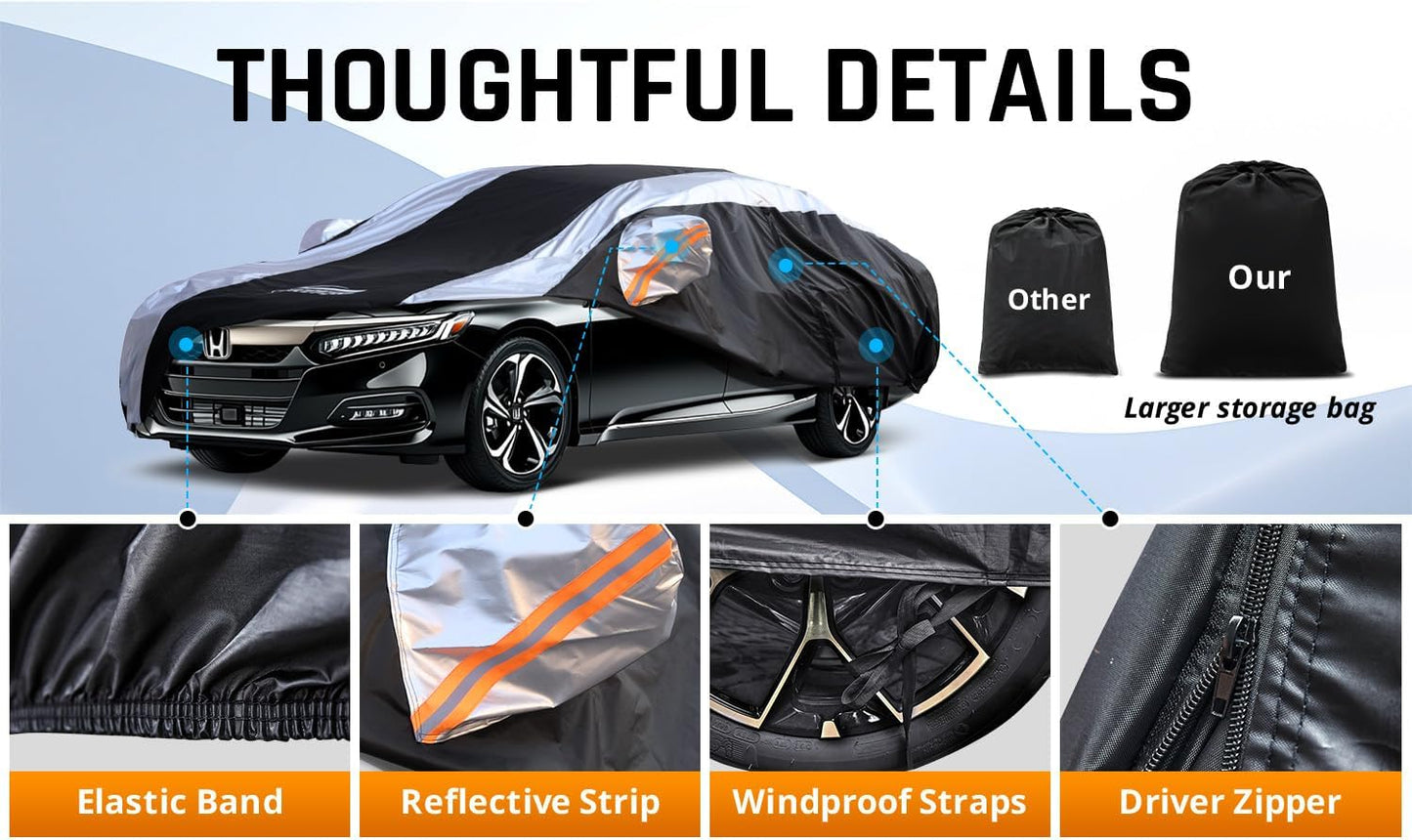 Honda Accord Car Cover Waterproof All Weather with Silver Strip Design, Custom Fit for Honda Accord 2005–2025, Accord Accessory with Door Zipper & Windproof Straps