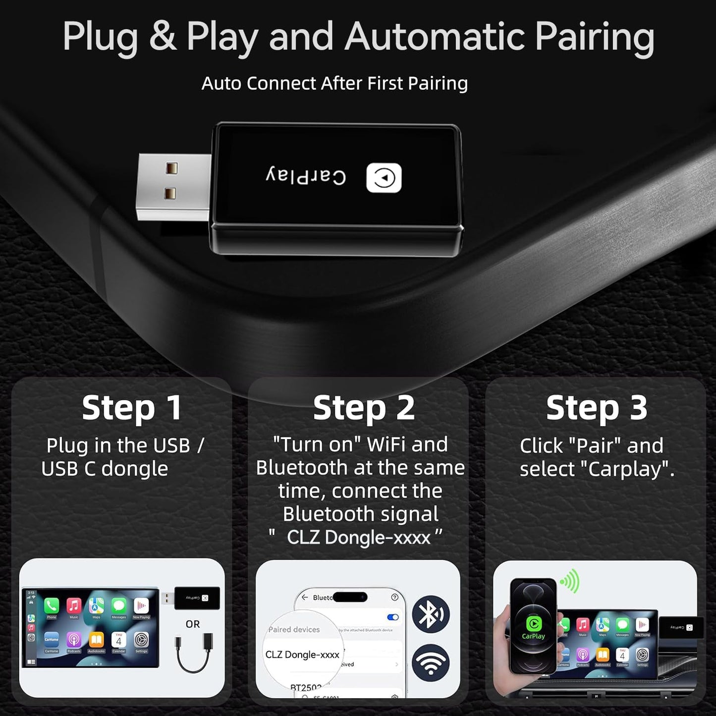 Wireless CarPlay Adapter, Converts Wired to Carplay Wireless Adapter for iPhone, Plug and Play-Seamless Fast Response Stable Bluetooth Connection CarPlay for Apple iPhone iOS 10+ and Cars (Black)