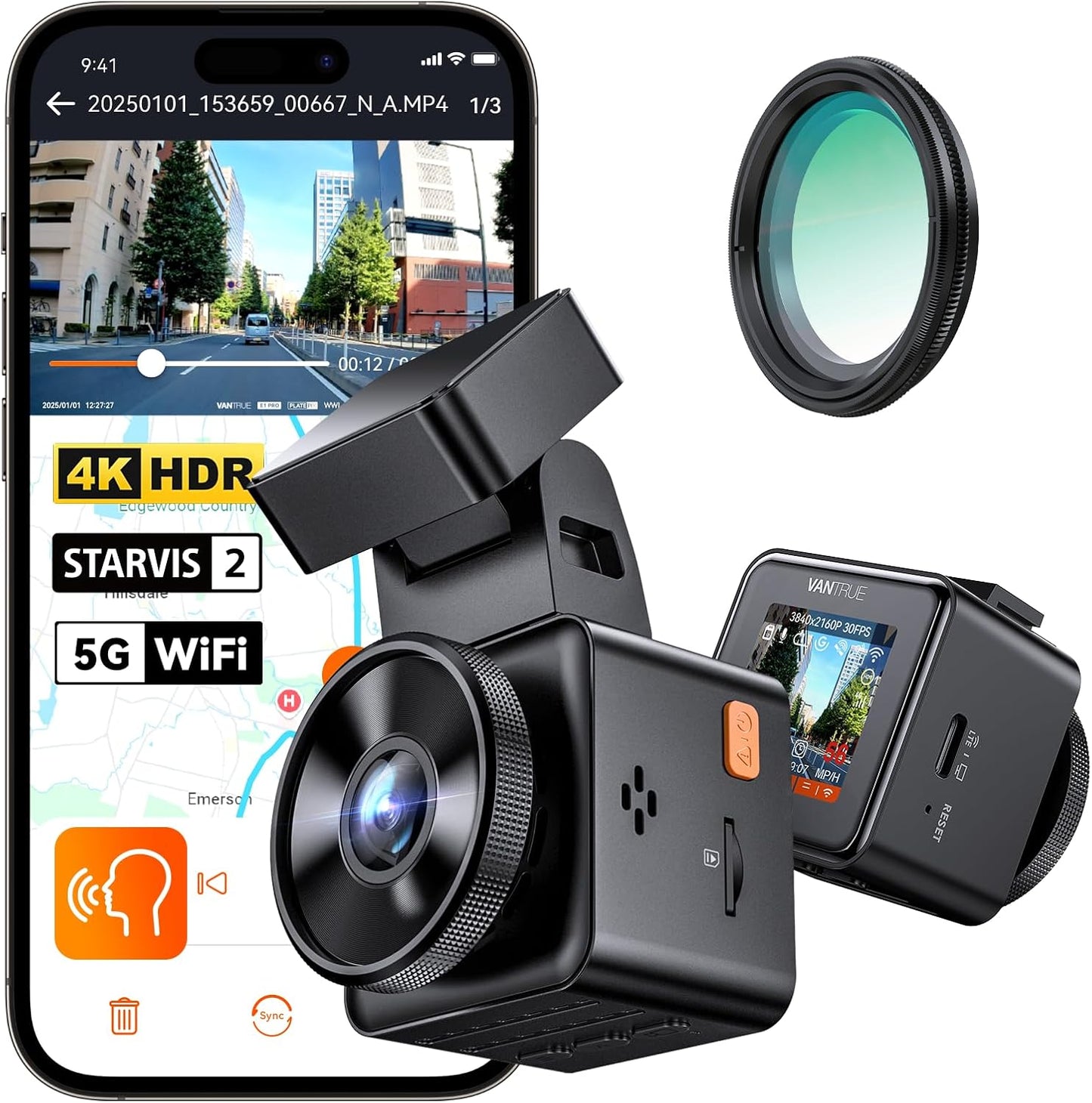 Vantrue E1 Pro 4K Mini Dash Cam Front, STARVIS 2 PlatePix HDR Night Vision Car Camera, Built-in 5G WiFi GPS, 1.54'' IPS Screen, LTE Support, Voice Control, 24/7 Buffered Parking Mode, Support 1TB Max
