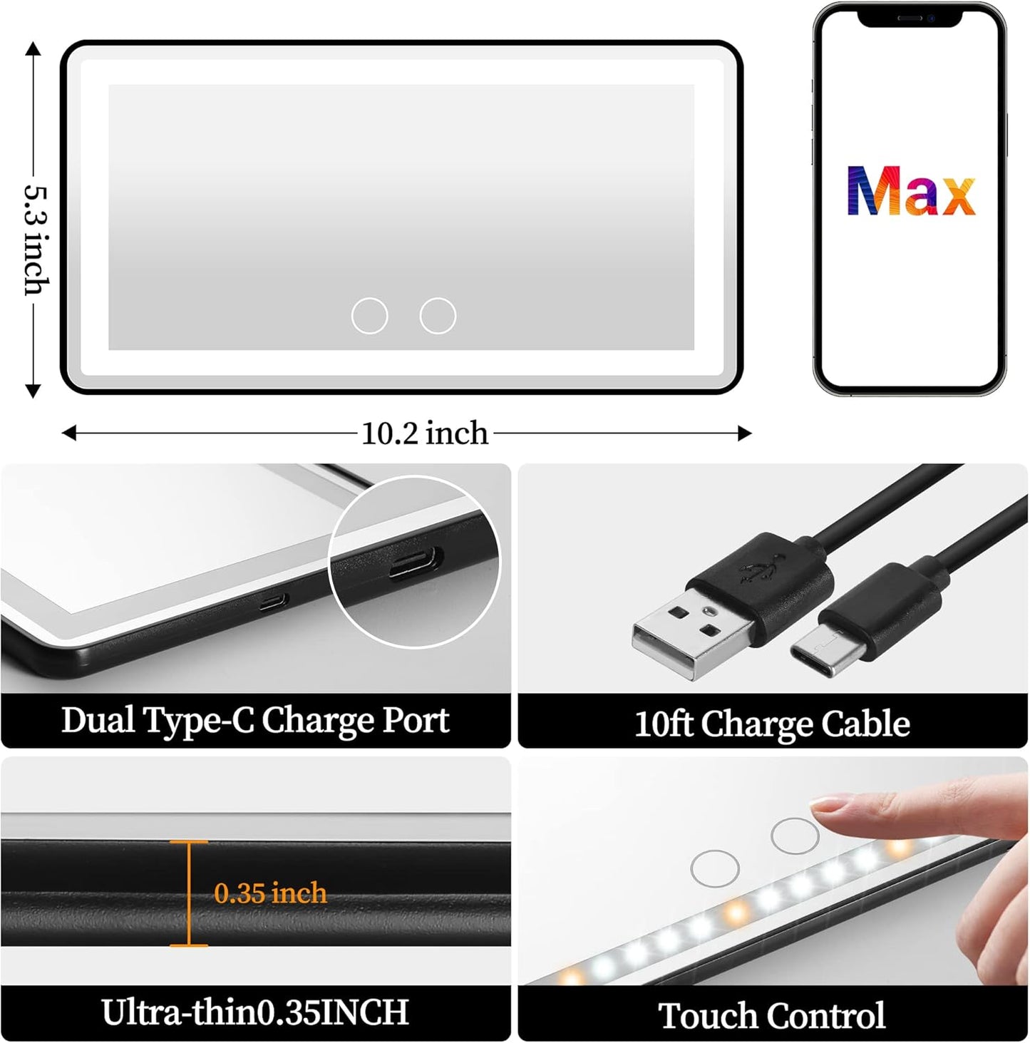 Car Sun Visor Vanity Mirror with Lights, 2 Pcs Rechargeable Car Makeup Mirror Accessories, Birthday Gifts for Women Girl, 3 Light Modes, Dimmable Touch Led Screen, Universal for Car Truck