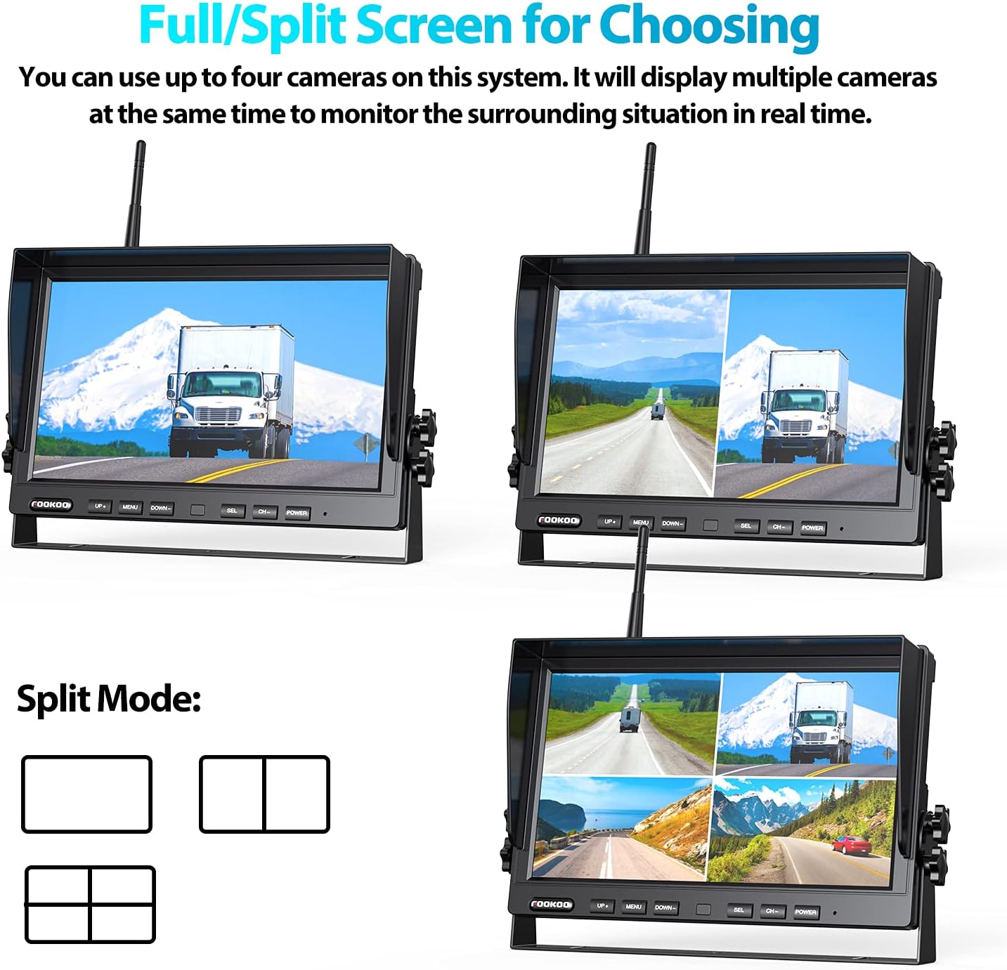 Fookoo HD 10" Wireless Backup Camera System, 1080P 10-inch Quad Split Monitor w/Recording, Waterproof Side & Rear View Cameras, 4 Channel, Digital Signal, Parking Lines for RV/Truck/Trailer