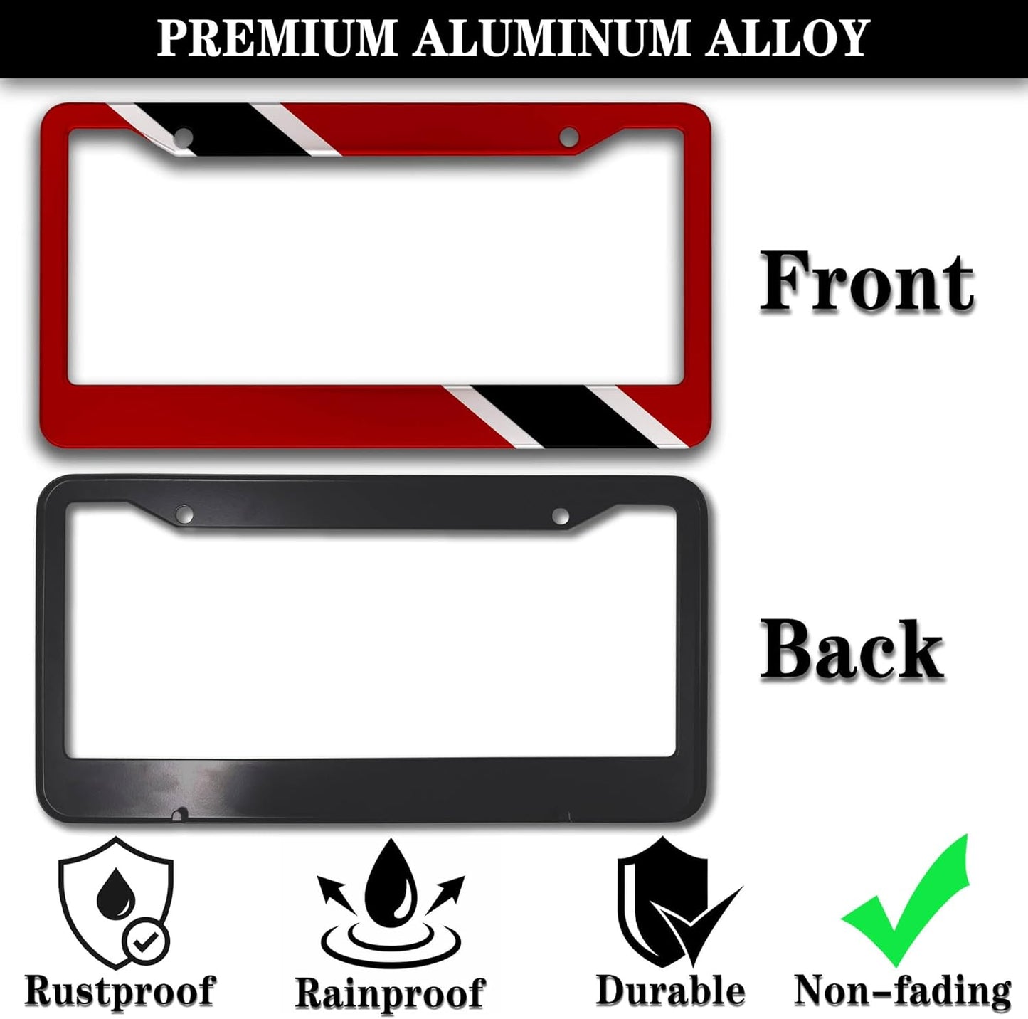 Car Plate Frame Red, Black, White License Plate Frames Trinidad and Tobago Flag Aluminum Metal Car Accessory 2 Pack with Screw Covers Set